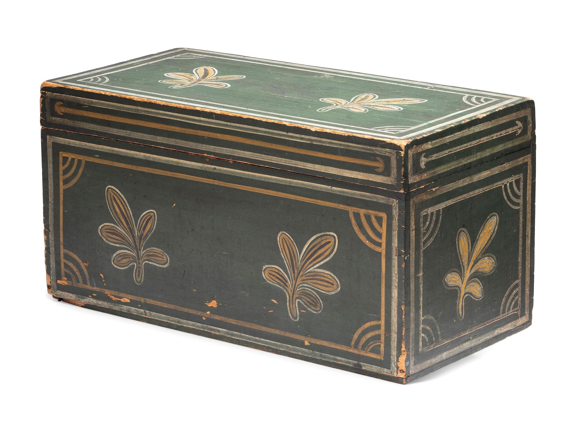 A Country Green, Yellow and White Painted Palm Leaf-Decorated Maple Blanket Chest