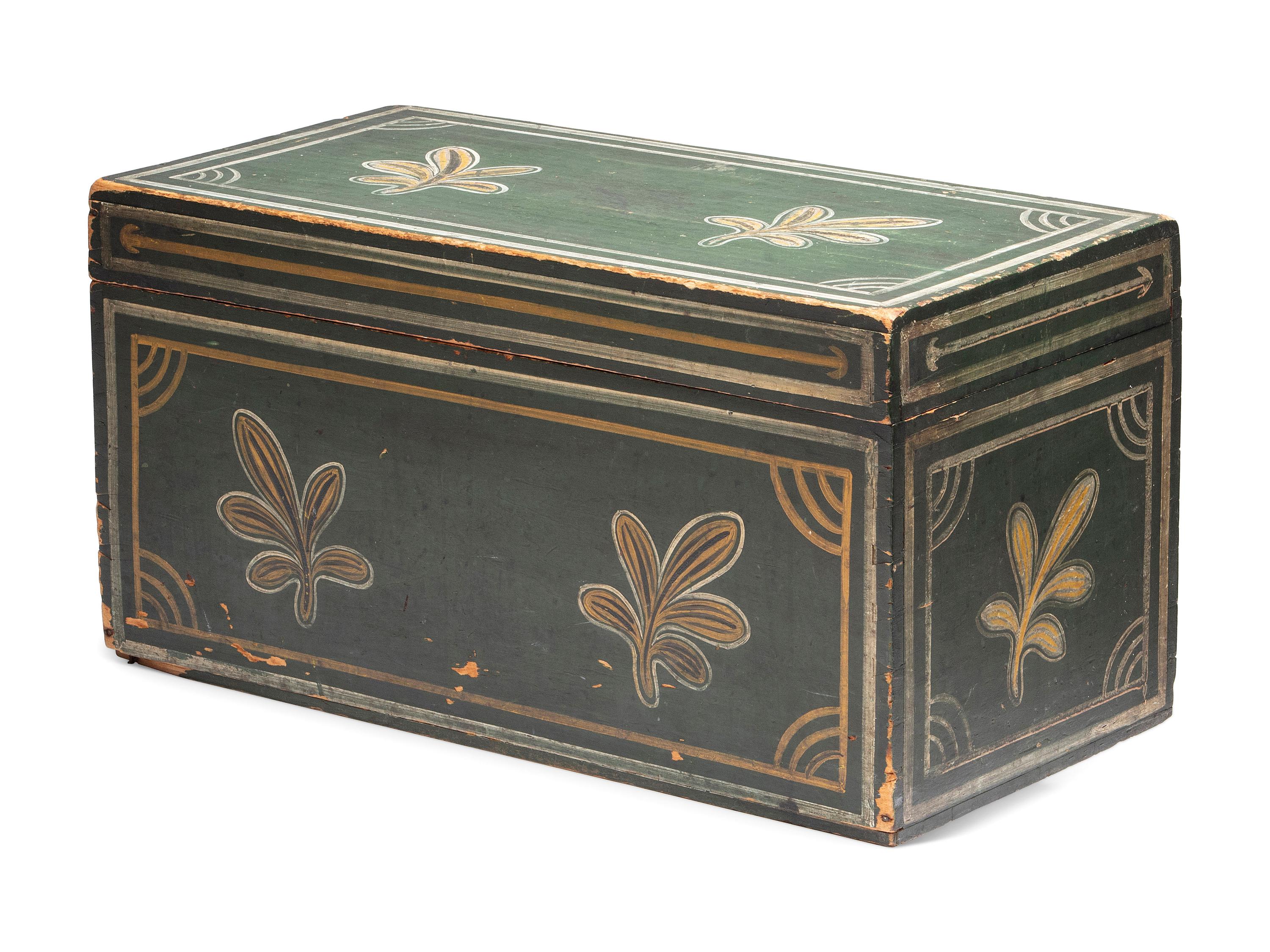 A Country Green, Yellow and White Painted Palm Leaf-Decorated Maple Blanket Chest