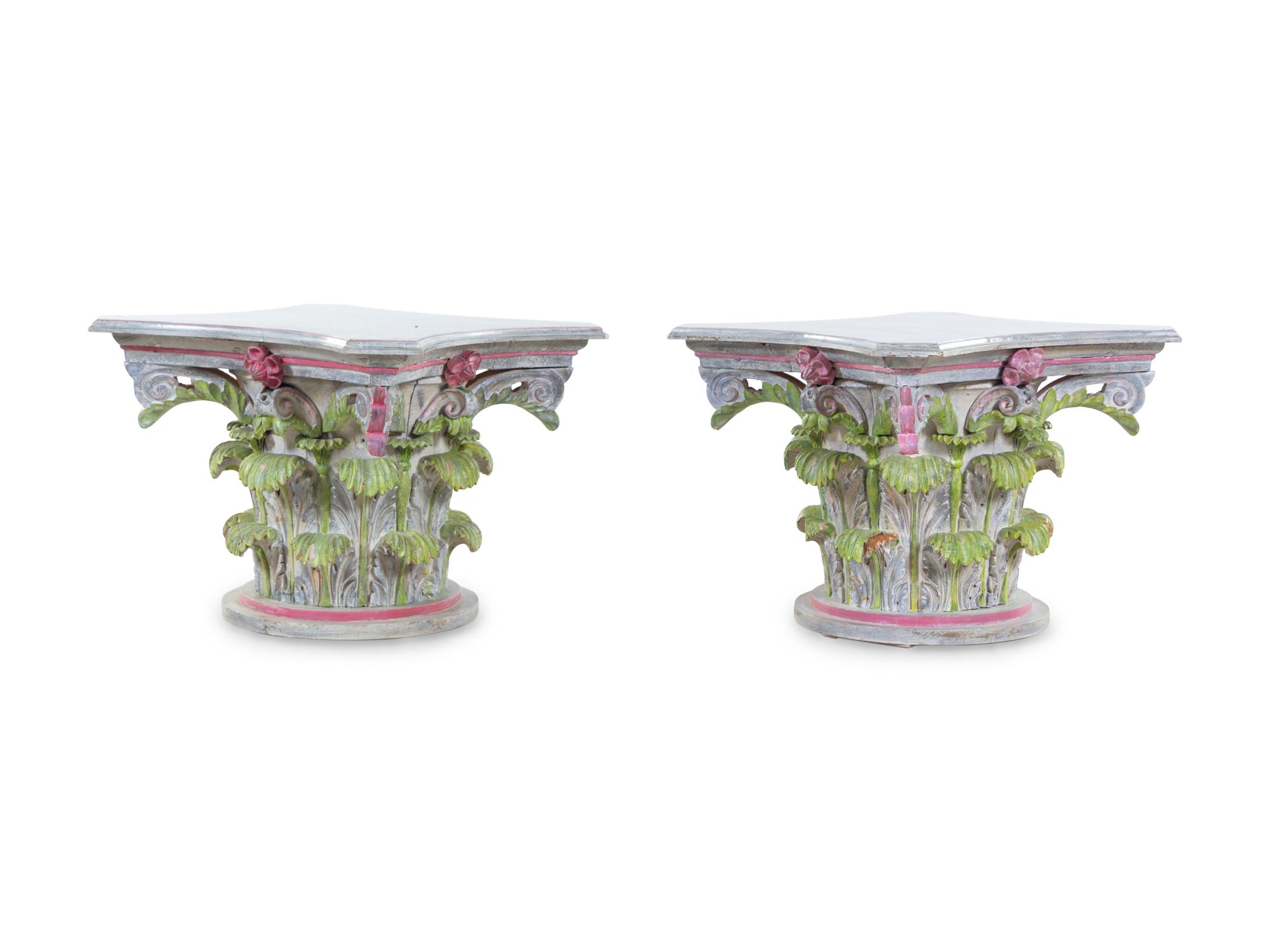 A Pair of Carved and Painted Wood Low Tables in the Form of Corinthian Capitals
