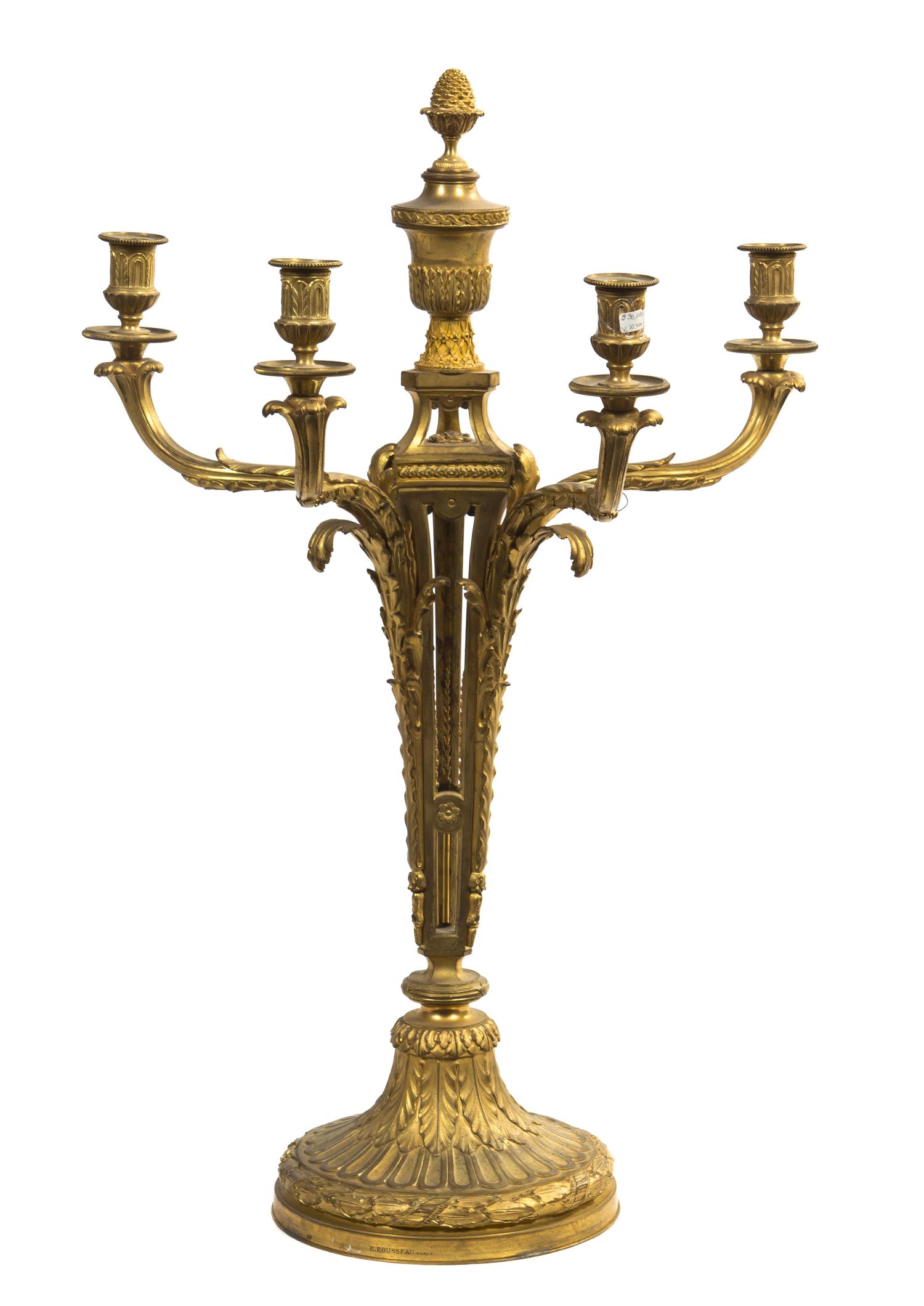 A Louis XVI Style Gilt Bronze Four-Light Candelabrum, E. Rousseau, Height 32 inches.