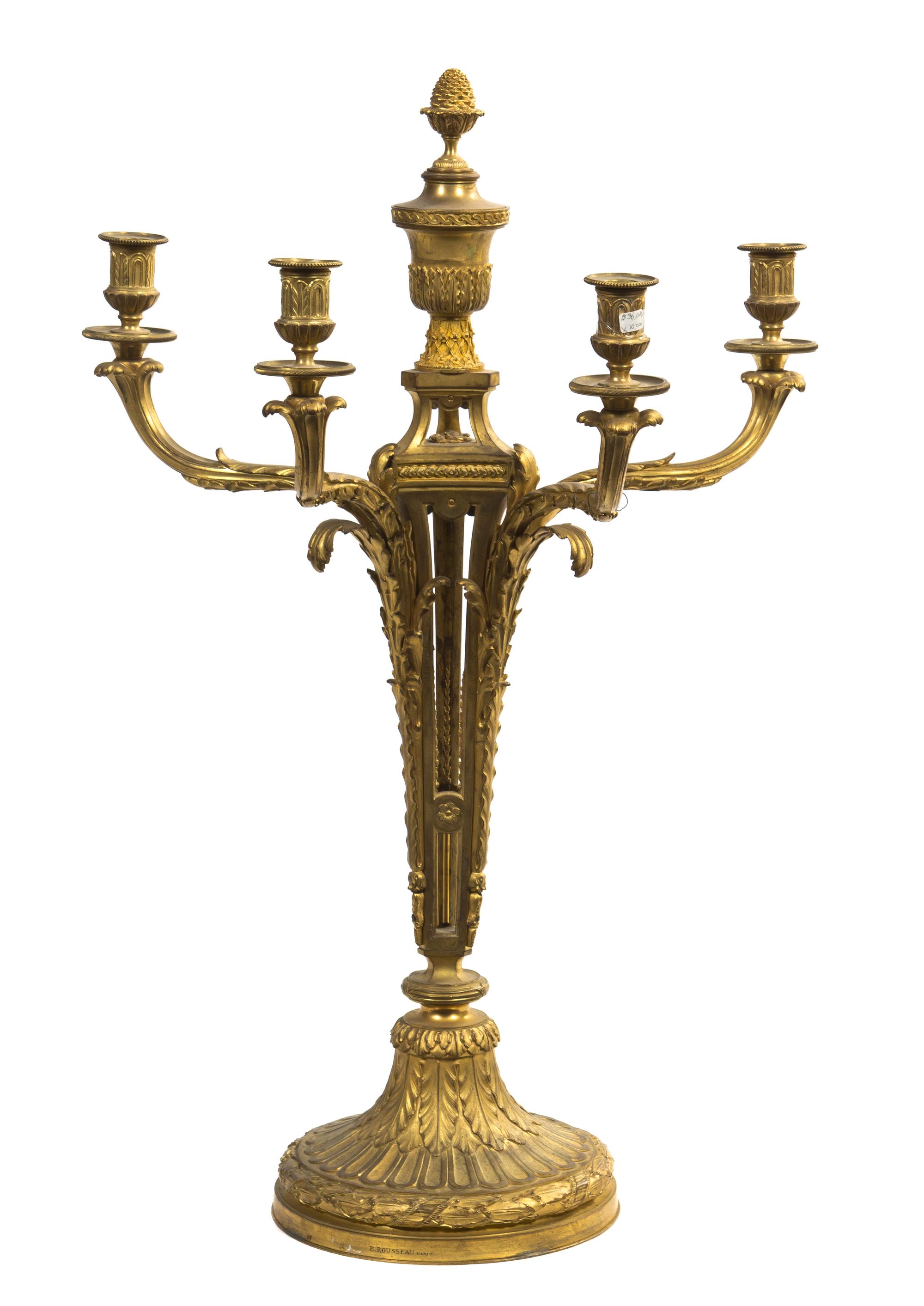 A Louis XVI Style Gilt Bronze Four-Light Candelabrum, E. Rousseau, Height 32 inches.