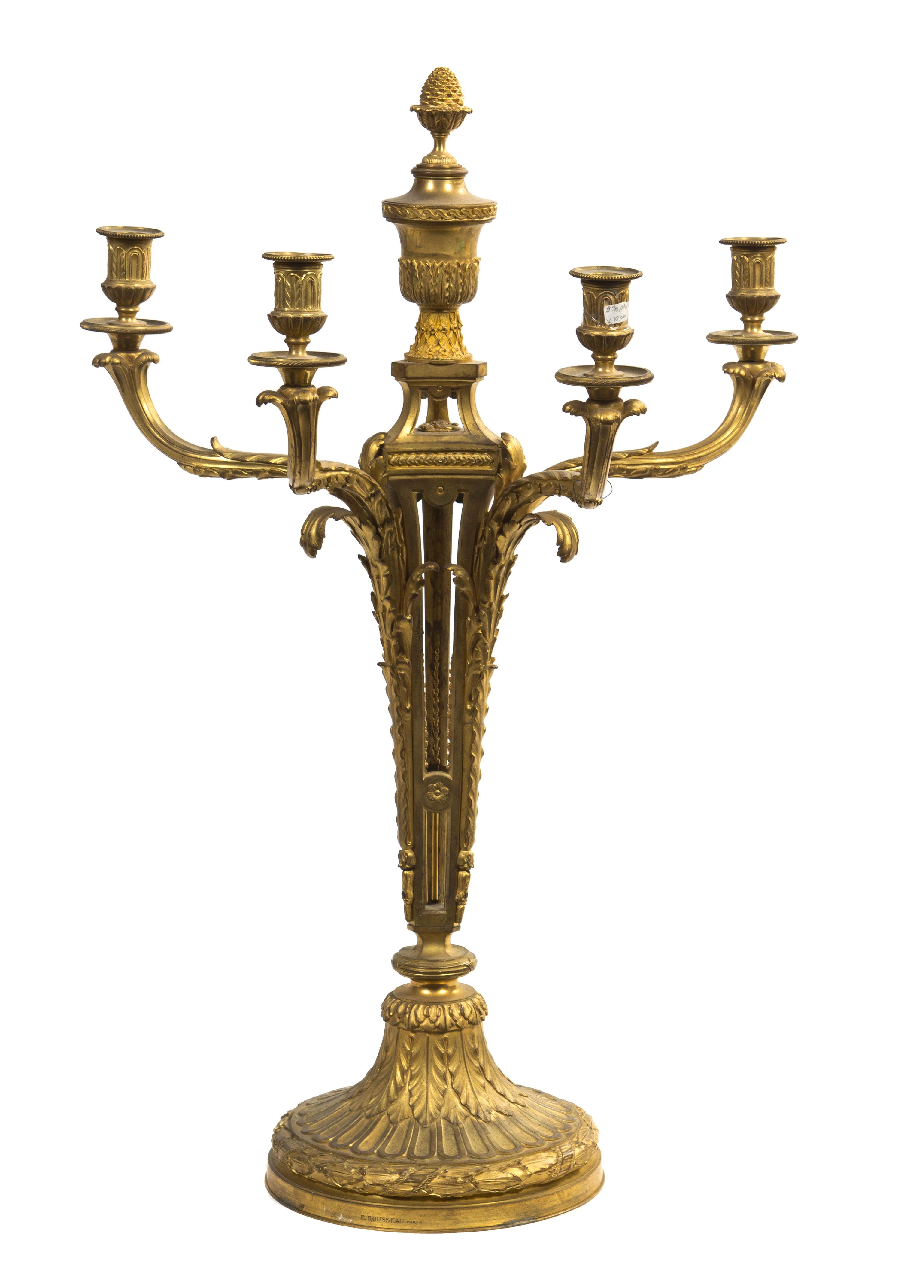 A Louis XVI Style Gilt Bronze Four-Light Candelabrum, E. Rousseau, Height 32 inches.