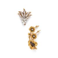 TWO YELLOW GOLD AND GEMSTONE BROOCHES