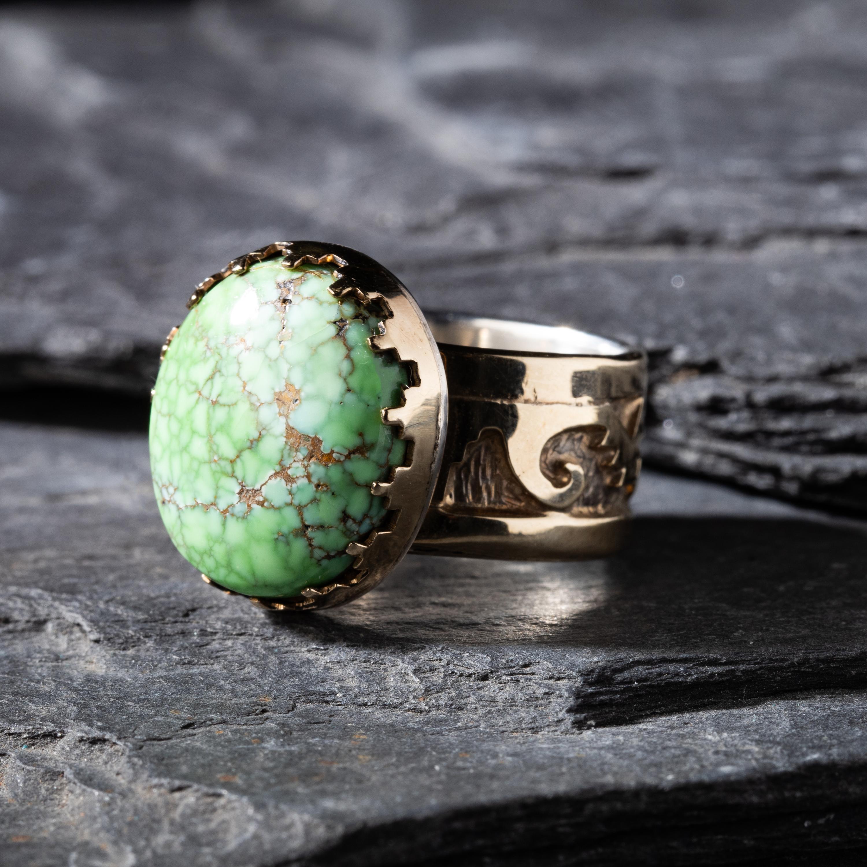 Dina Huntinghorse (Wichita-Kiowa, act. since 1980s) — Sterling Silver with 14K Gold Overlay Ring, with Carico Lake Turquoise