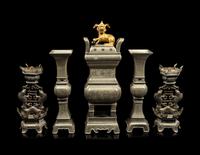A Chinese Pewter Five-Piece Altar Set