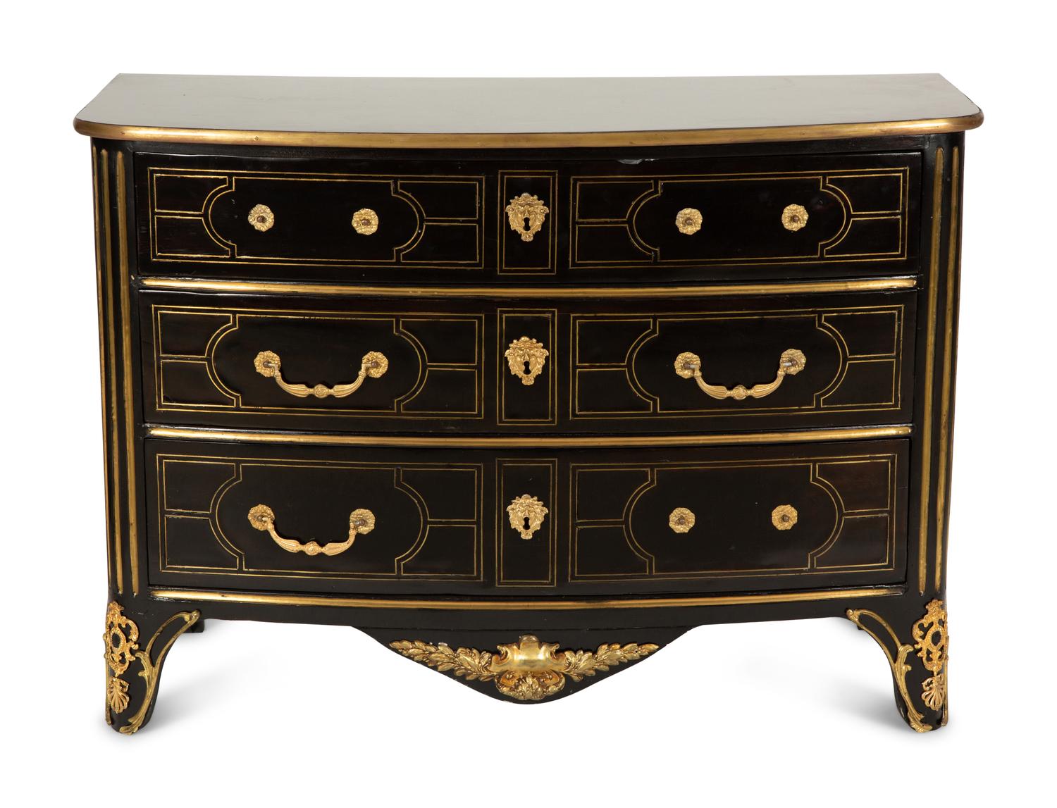 A Regence Style Ebonized and Brass Inlaid Three-Drawer Commode — 20th Century