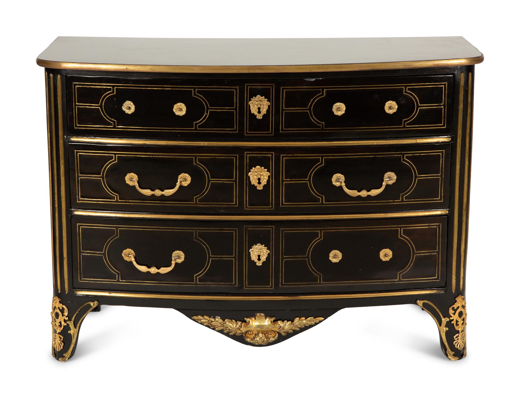 A Regence Style Ebonized and Brass Inlaid Three-Drawer Commode — 20th Century