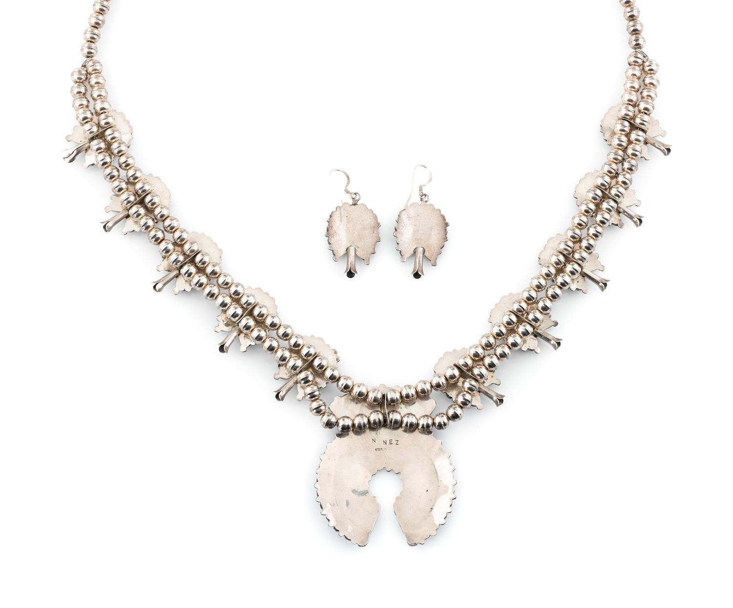 Sterling Silver and Petit Point Turquoise Cluster Squash Blossom Necklace AND Hook Earrings