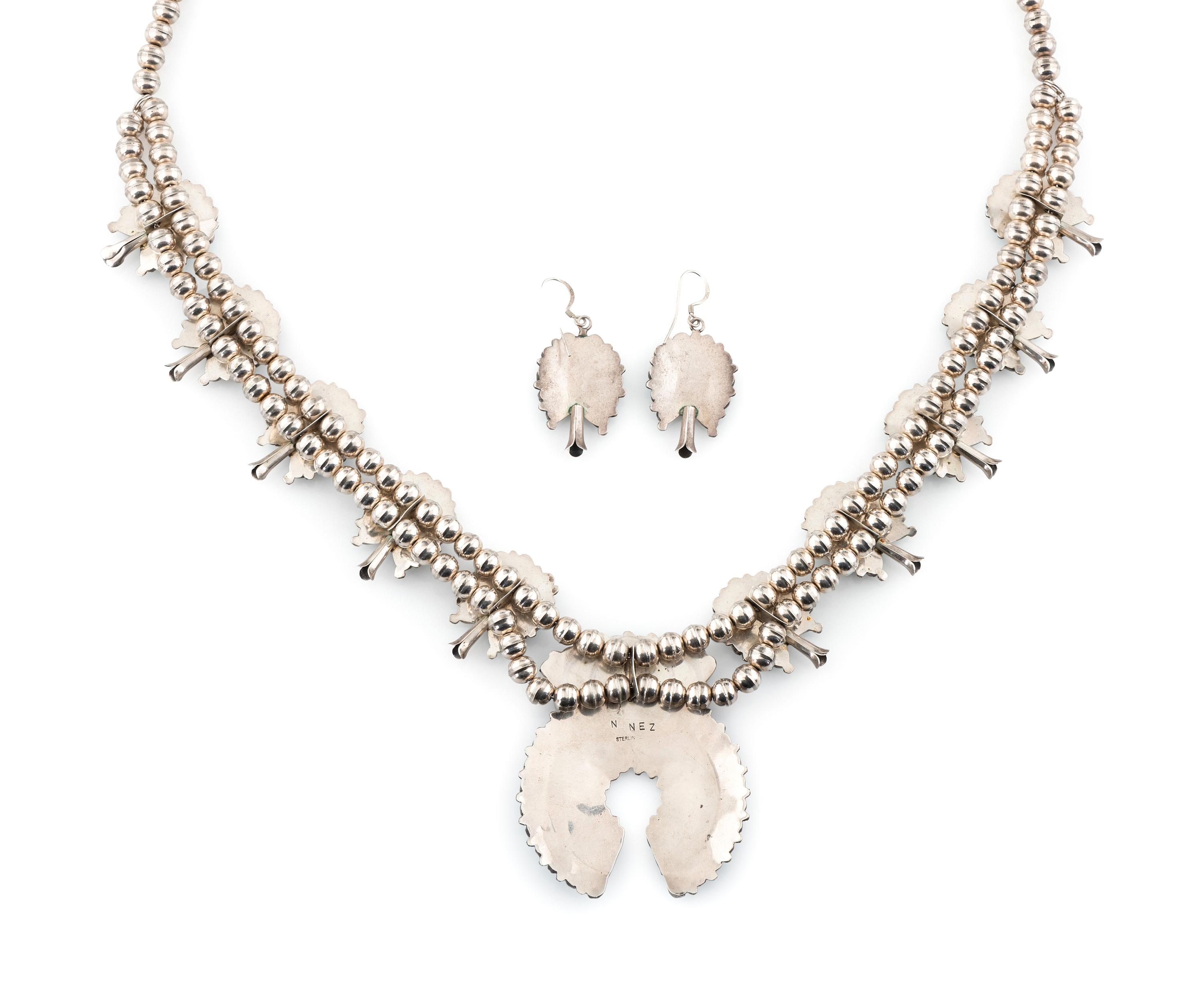 Sterling Silver and Petit Point Turquoise Cluster Squash Blossom Necklace AND Hook Earrings