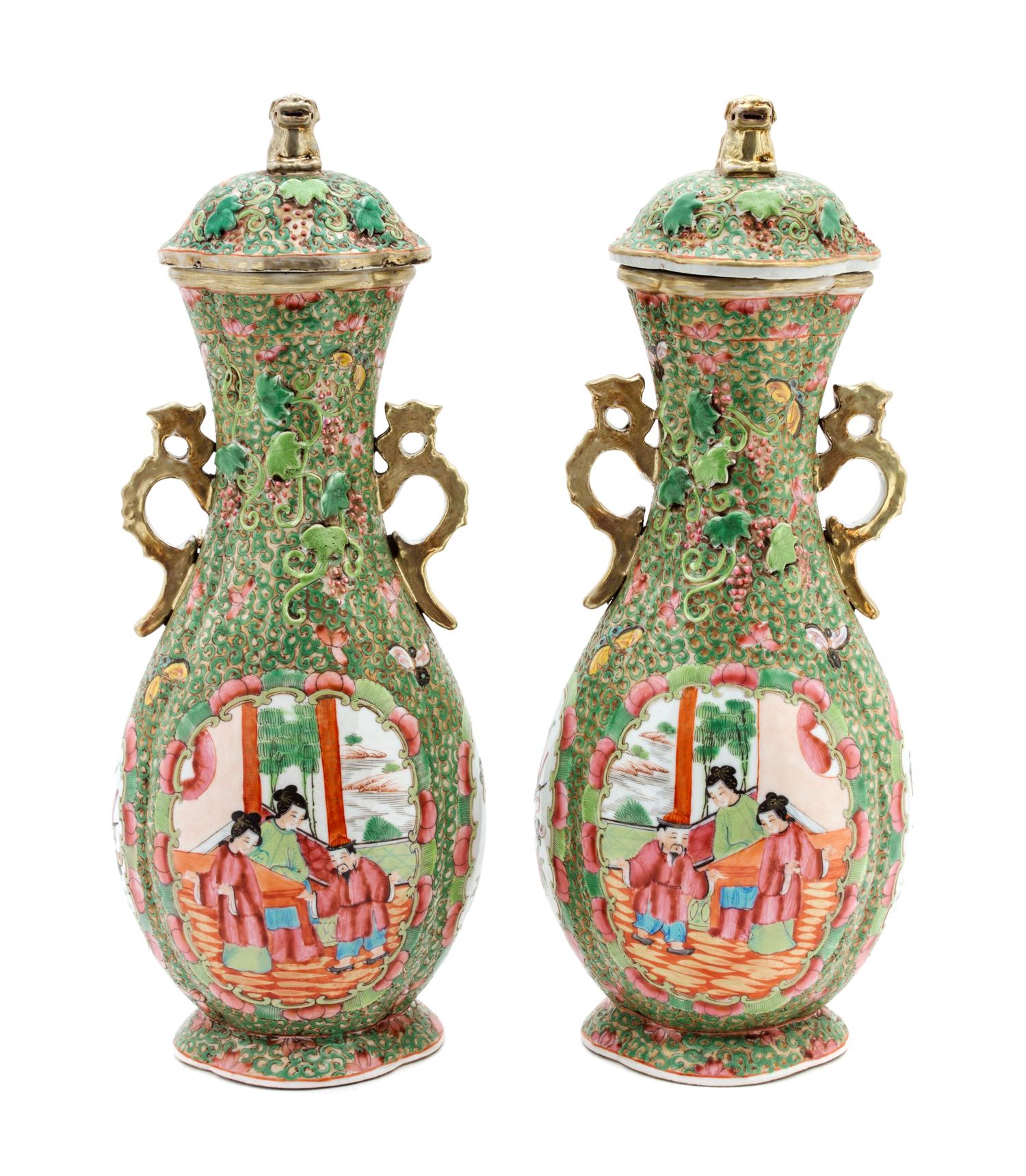A Pair of Chinese Export Rose Famille Verte Vases with Covers Height 13 1/2 inches.