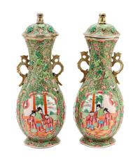 A Pair of Chinese Export Rose Famille Verte Vases with Covers Height 13 1/2 inches.