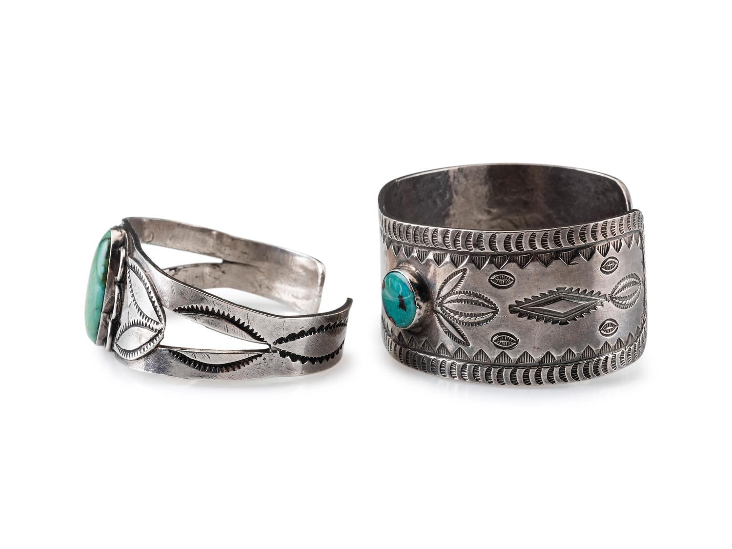 Pair of Navajo Stamped Silver and Turquoise Cuff Bracelets