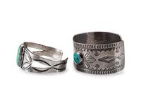 Pair of Navajo Stamped Silver and Turquoise Cuff Bracelets