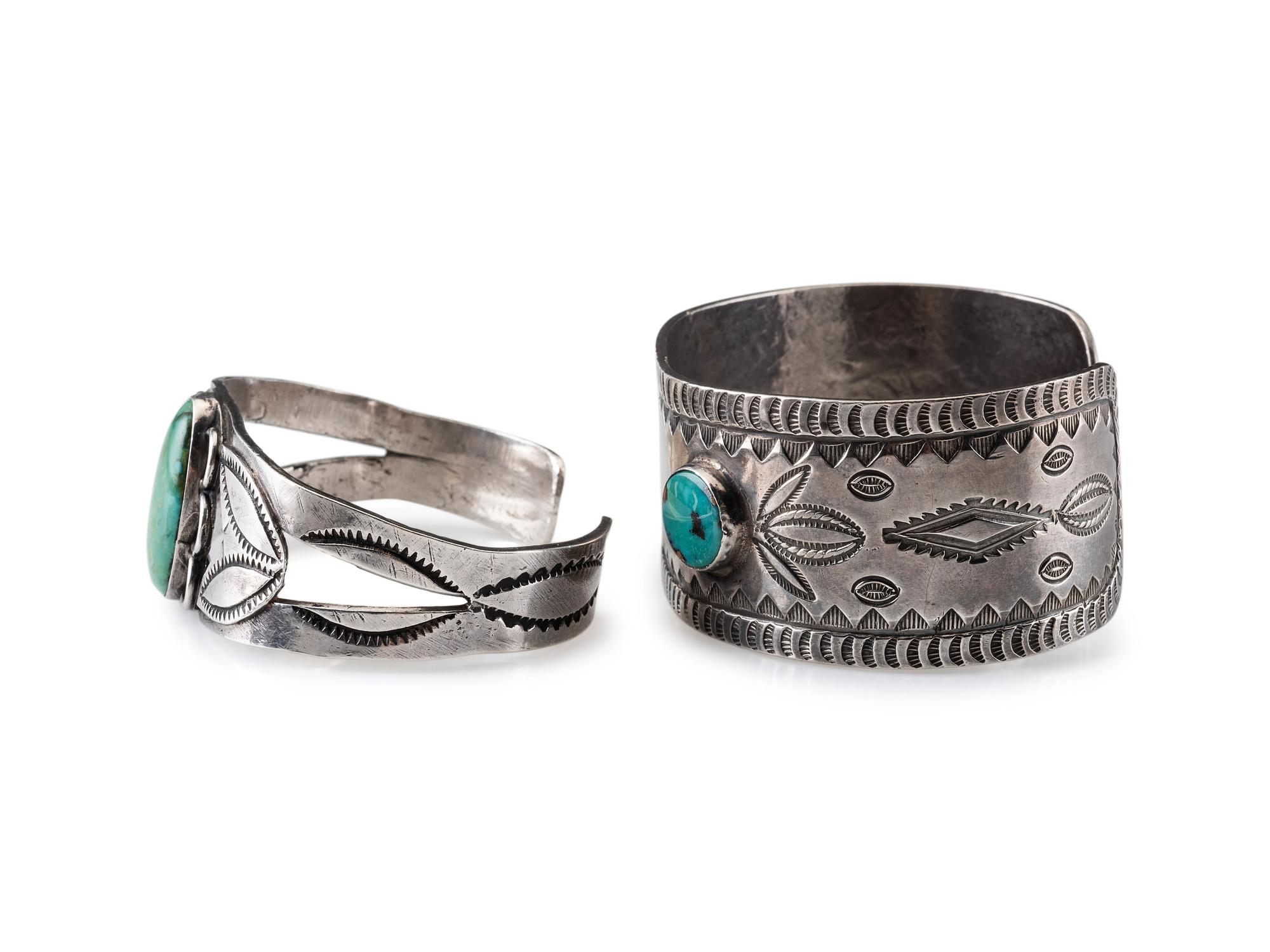 Pair of Navajo Stamped Silver and Turquoise Cuff Bracelets