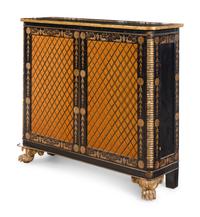 A Regency Style Parcel Gilt and Ebonized Penwork Cabinet