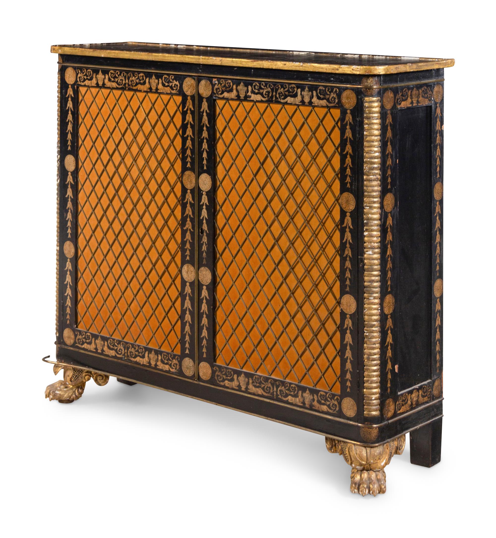 A Regency Style Parcel Gilt and Ebonized Penwork Cabinet