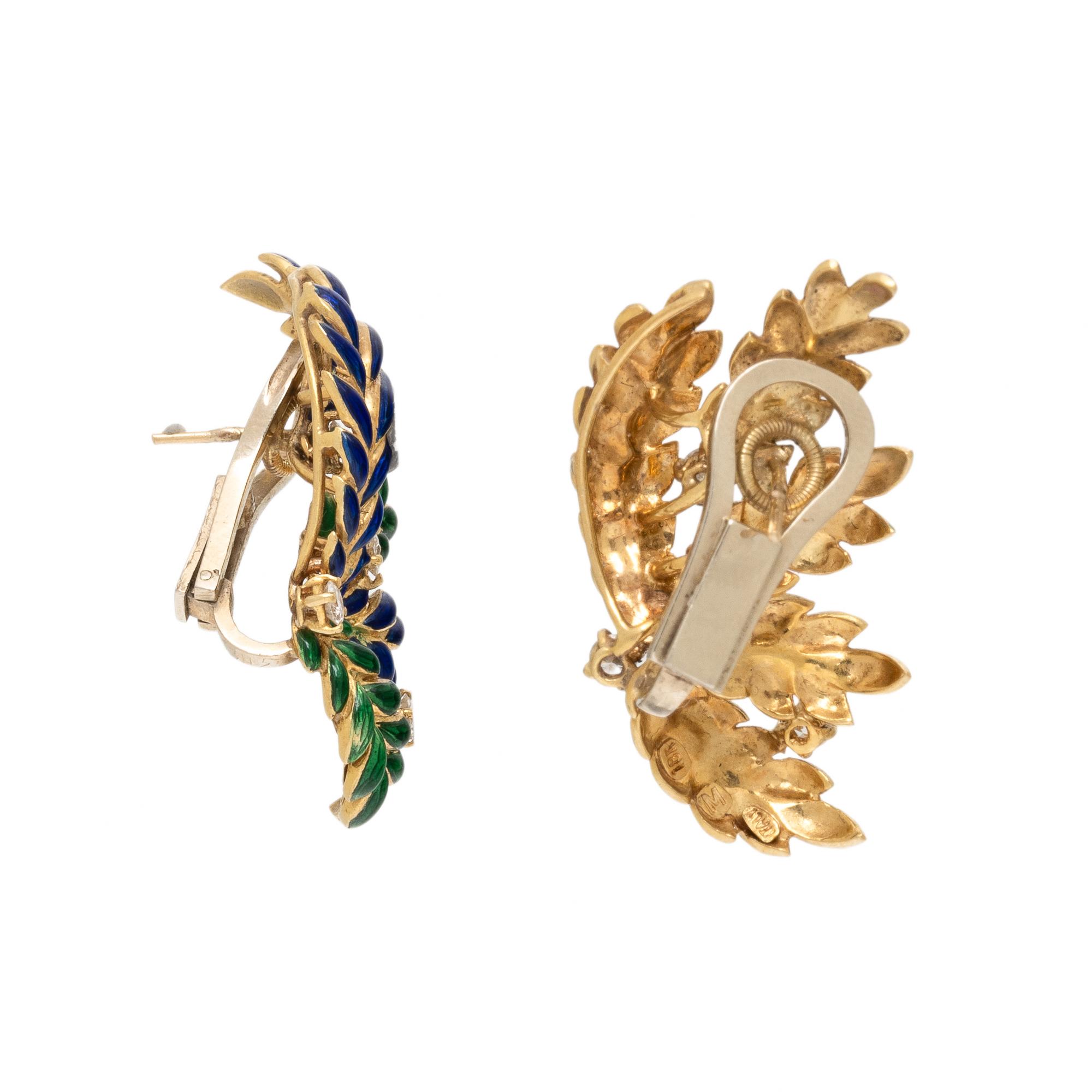 Enamel, Yellow Gold, and Diamond Leaf Earrings