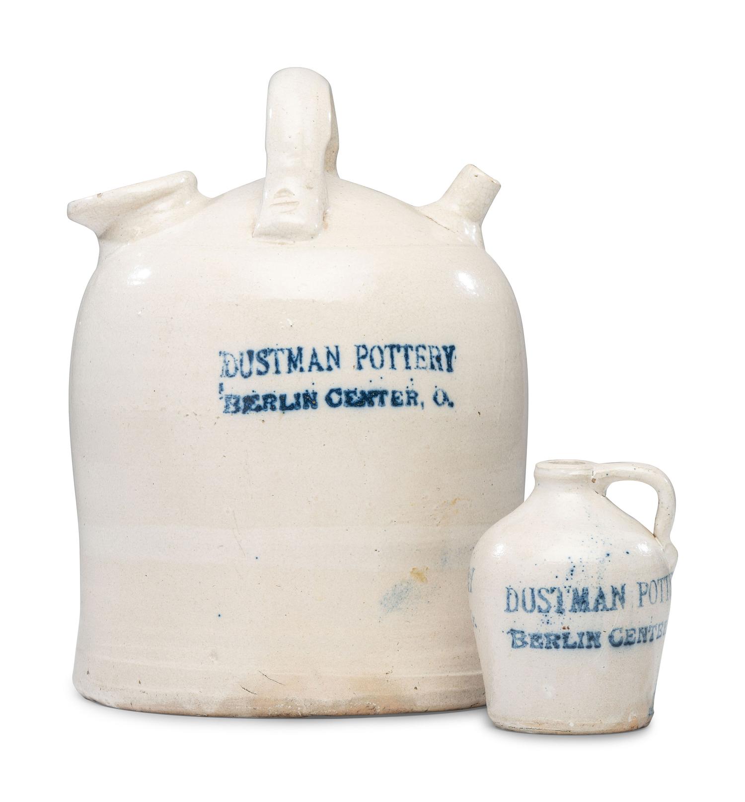 Two Dustman Pottery Stenciled Harvest or Field Jugs