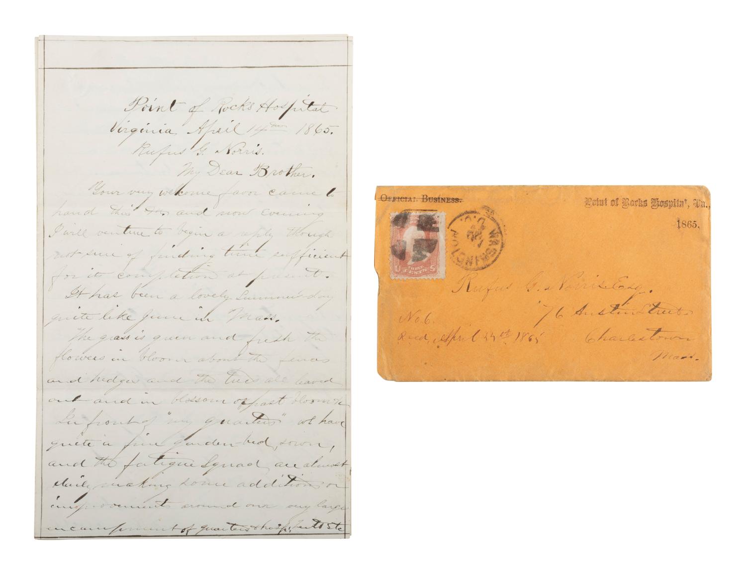 [LINCOLNIANA]. ALS from a surgeon at Point of Rocks Hospital, 14 April 1865.