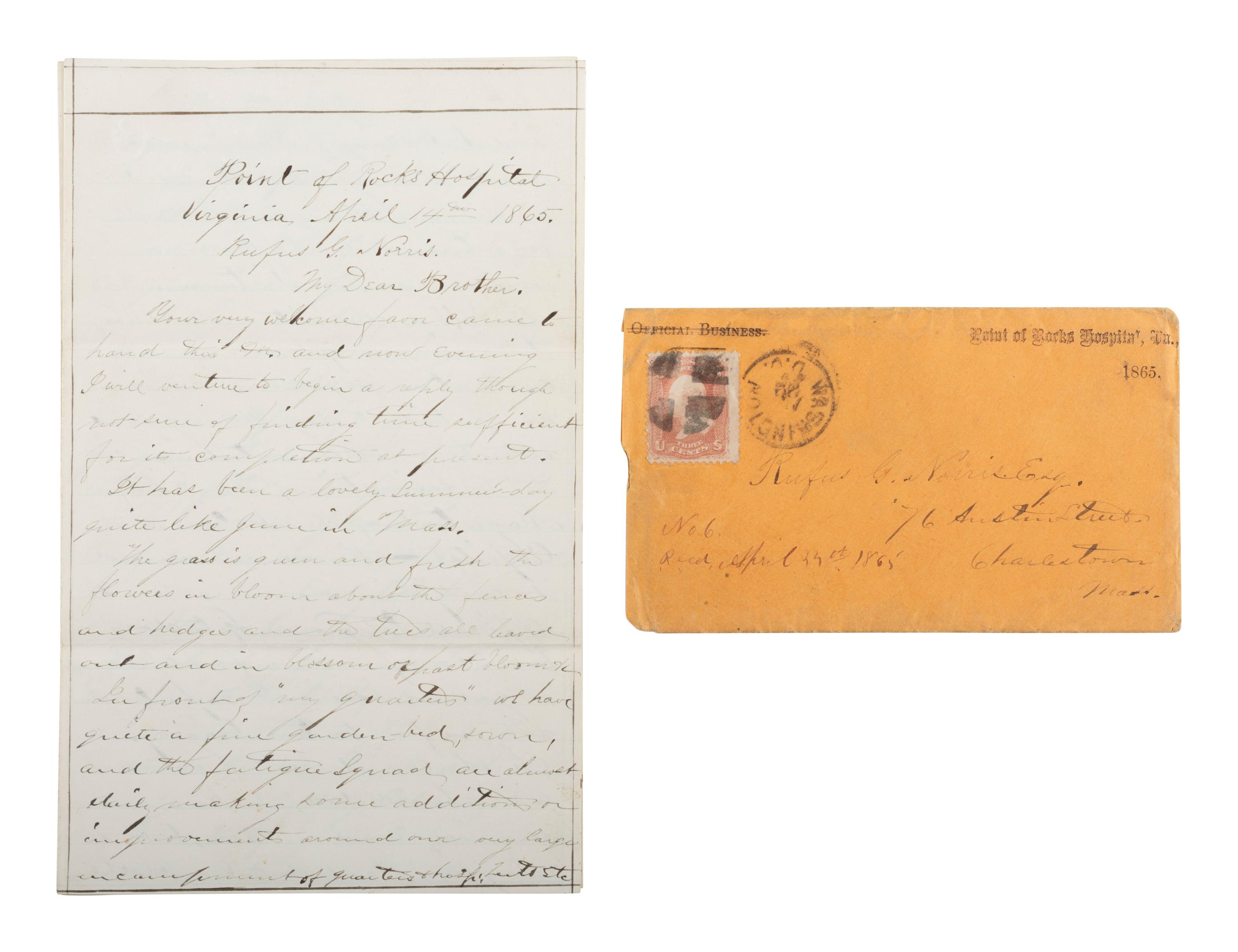 [LINCOLNIANA]. ALS from a surgeon at Point of Rocks Hospital, 14 April 1865.
