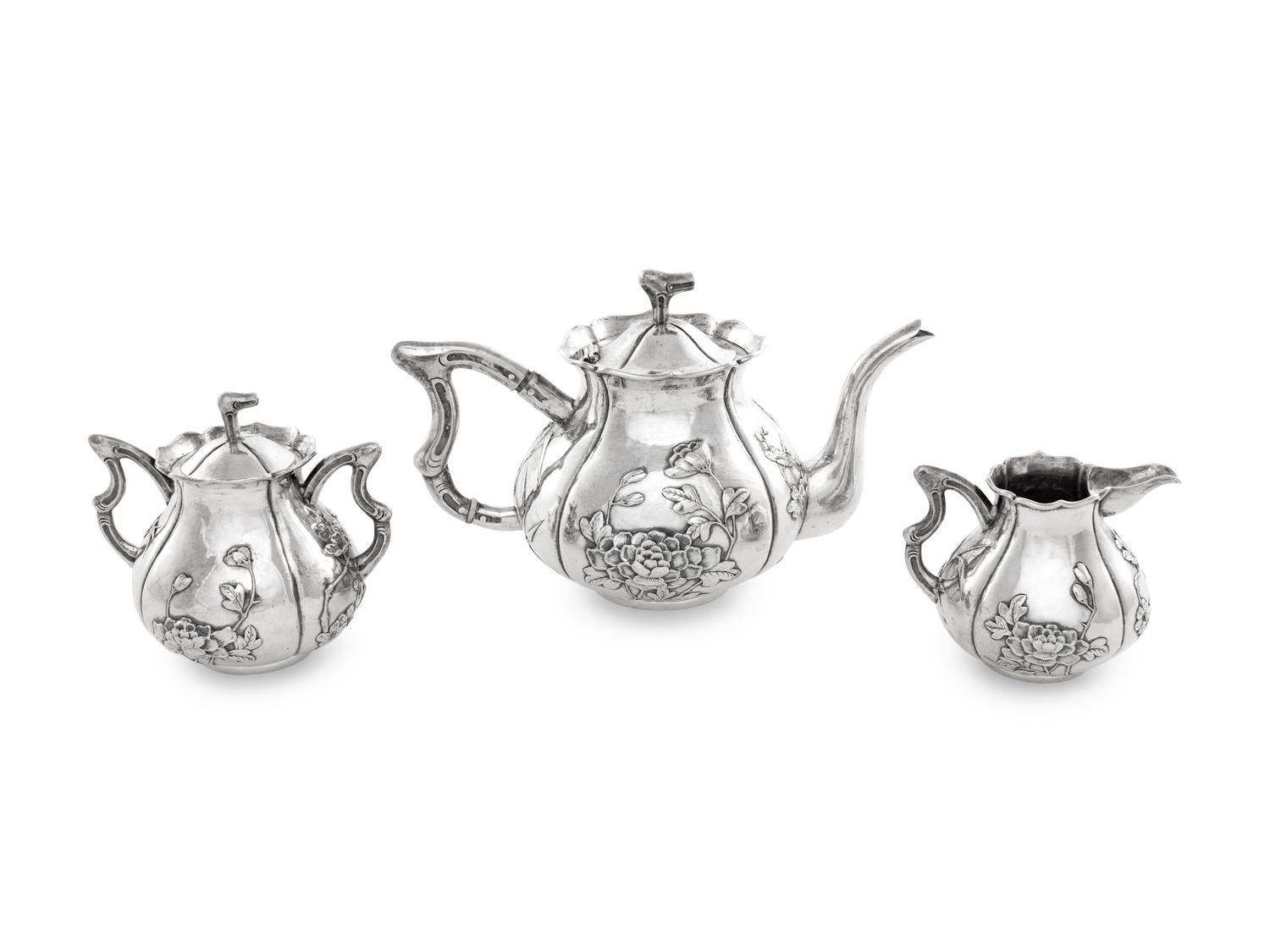 A Chinese Export Silver Three-Piece Tea Service