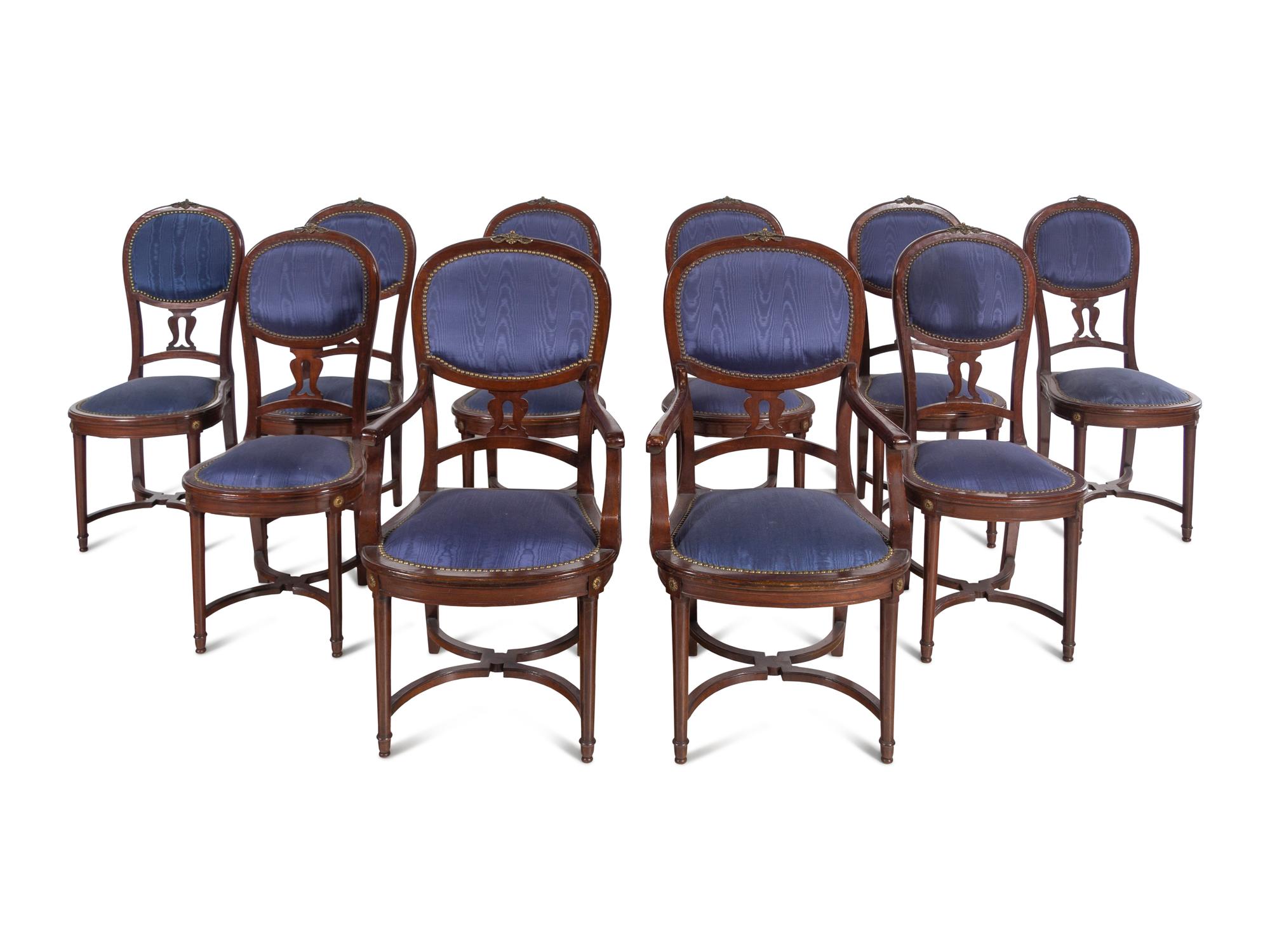 A Set of Ten French Gilt Metal Mounted Dining Chairs