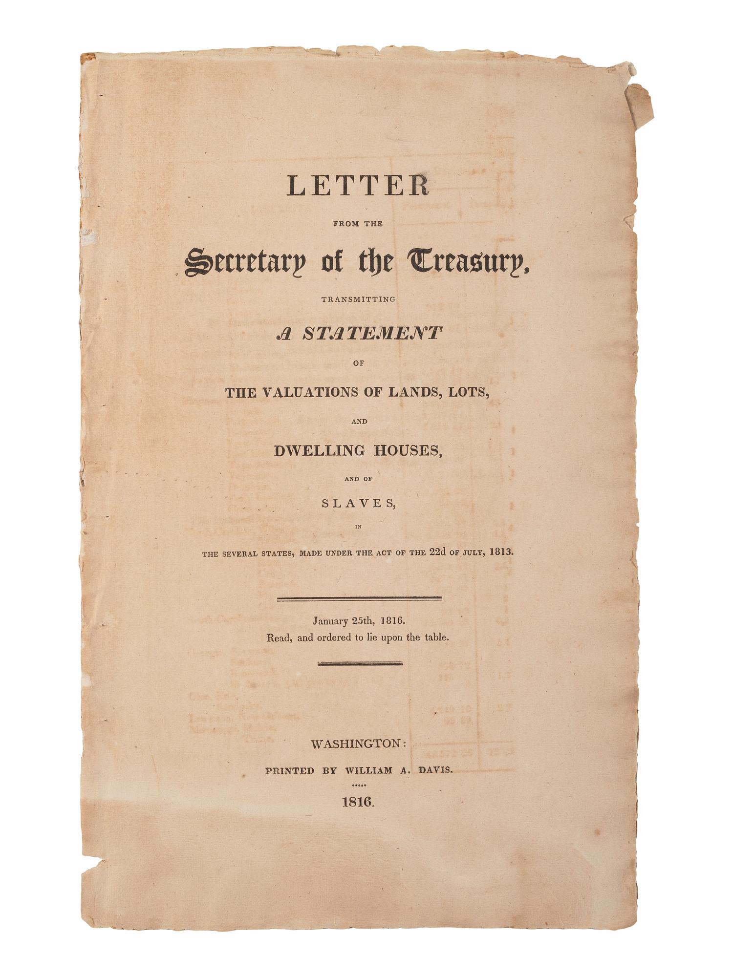 [ENSLAVEMENT & ABOLITION] ...Slaves in the Several States...." Washington: William A. Davis, 1816.