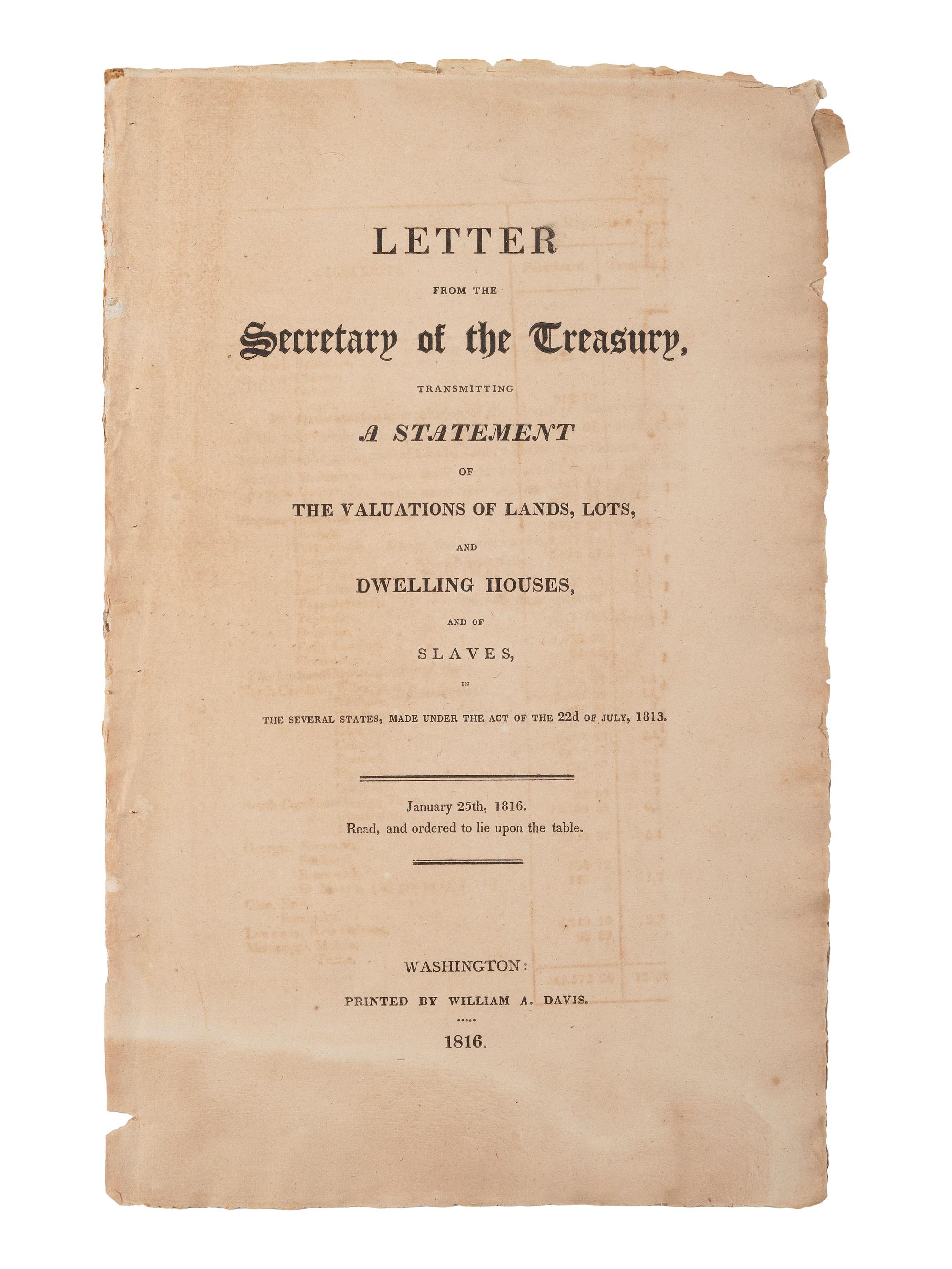 [ENSLAVEMENT & ABOLITION] ...Slaves in the Several States...." Washington: William A. Davis, 1816.