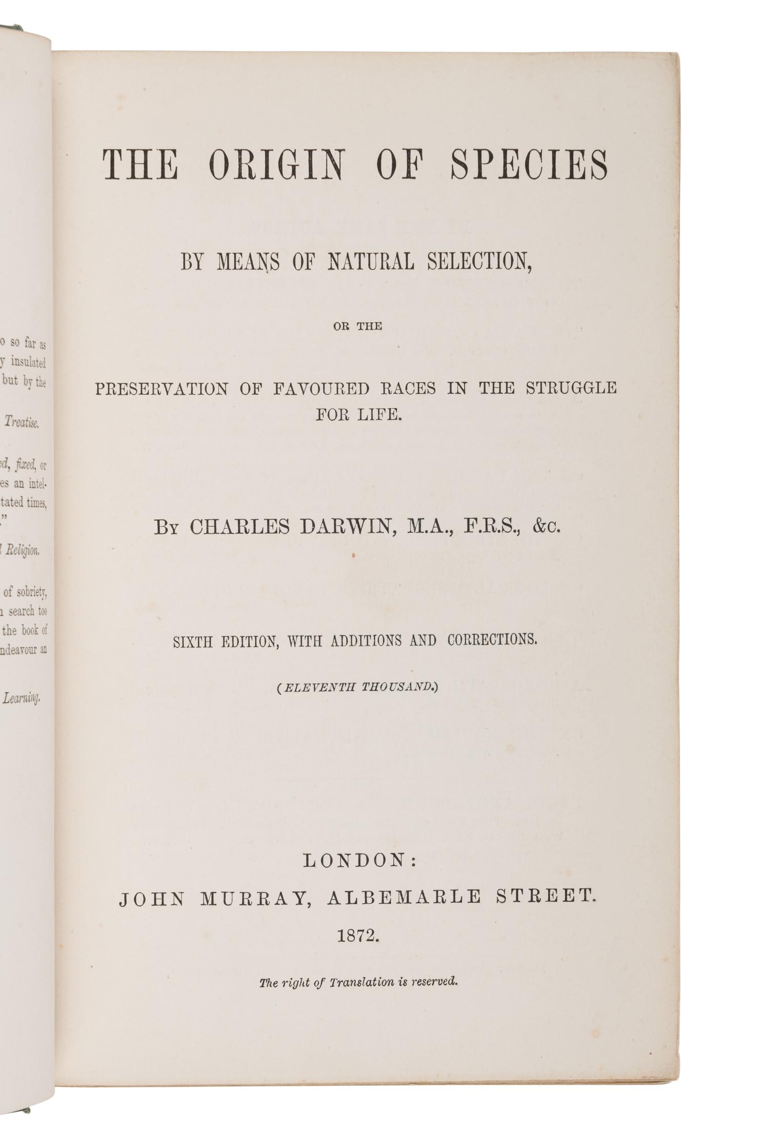 DARWIN, Charles Robert (1809-1882). On the Origin of Species by Means of Natural Selection . London: John Murray, 1872.