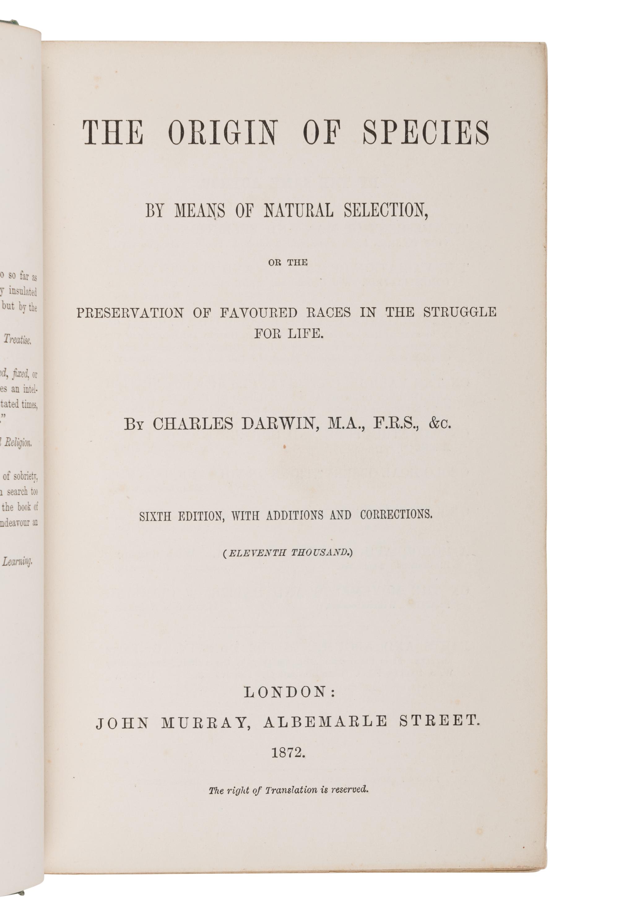 DARWIN, Charles Robert (1809-1882). On the Origin of Species by Means of Natural Selection . London: John Murray, 1872.