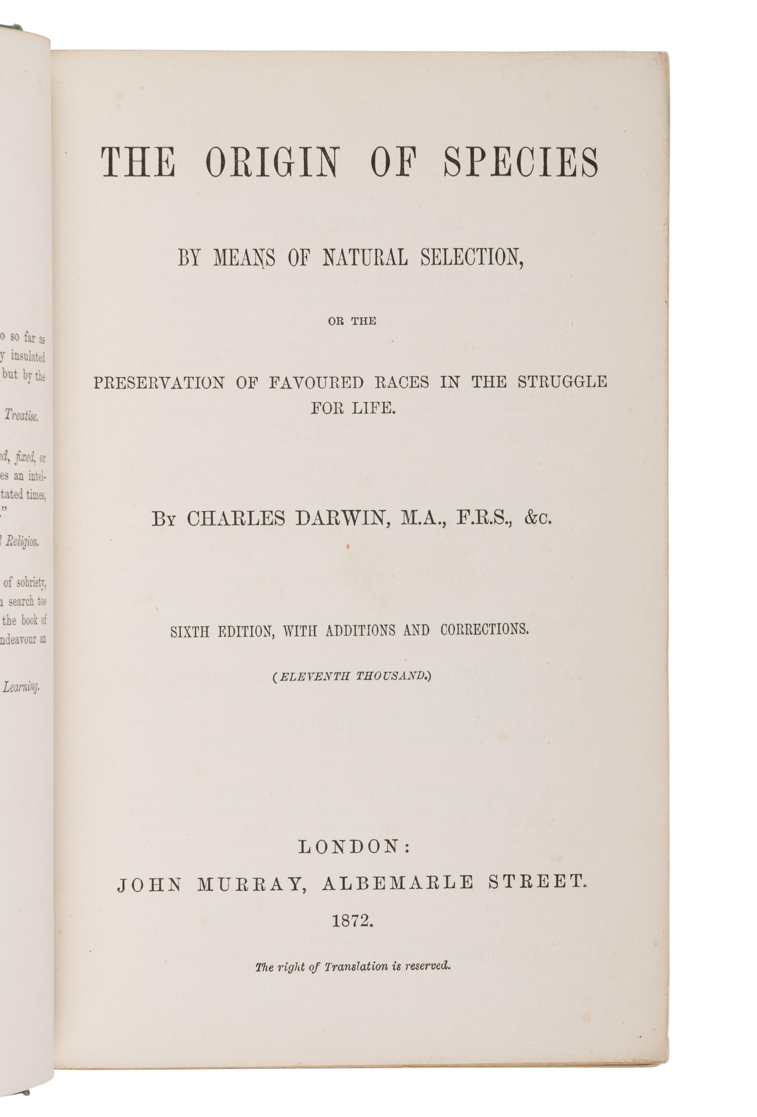 DARWIN, Charles Robert (1809-1882). On the Origin of Species by Means of Natural Selection . London: John Murray, 1872.