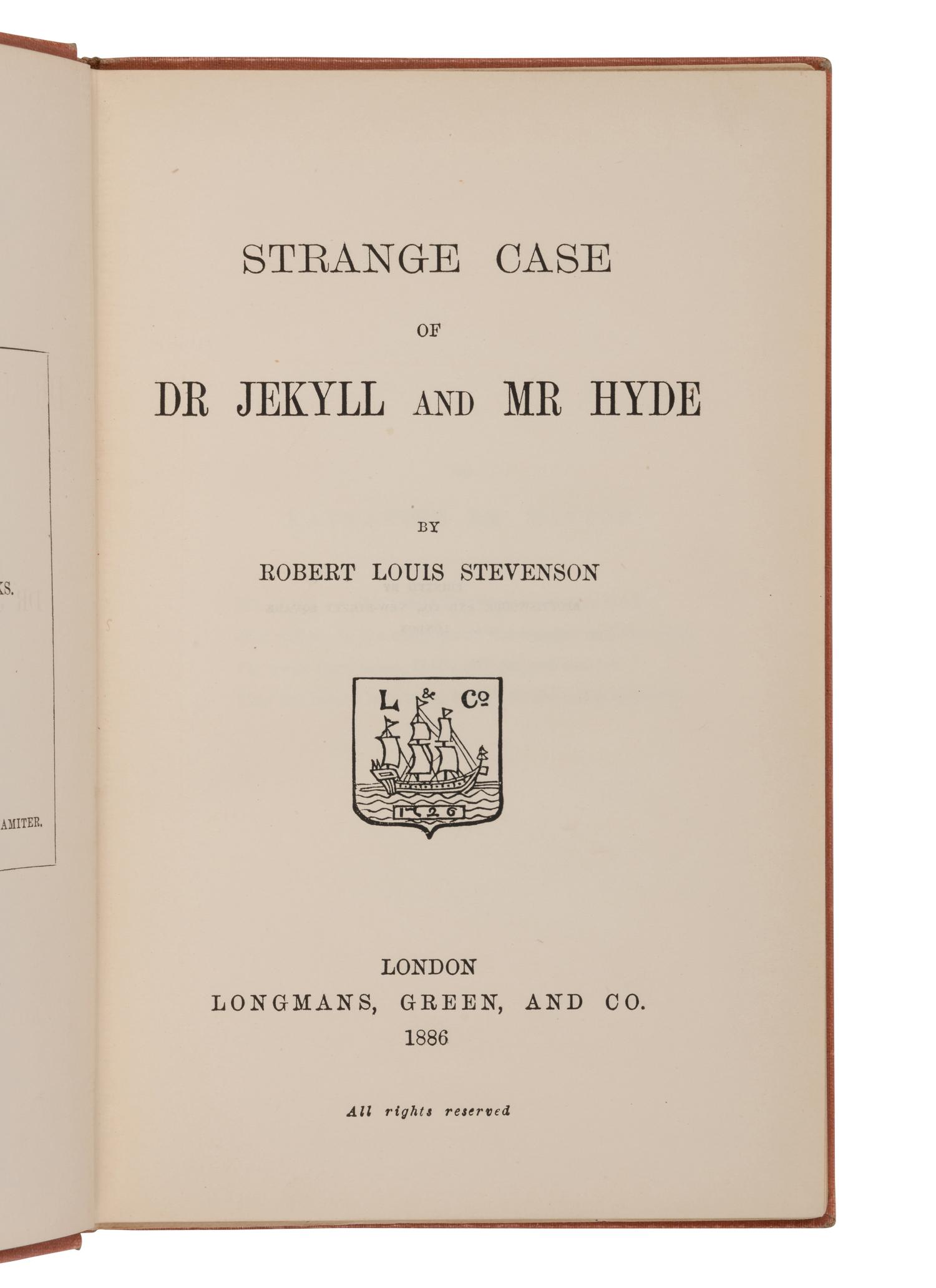 STEVENSON, Robert Louis (1850-1894). Strange Case of Dr. Jekyll and Mr. Hyde . London: Longmans, Green, and Co., 1886.