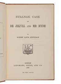STEVENSON, Robert Louis (1850-1894). Strange Case of Dr. Jekyll and Mr. Hyde . London: Longmans, Green, and Co., 1886.