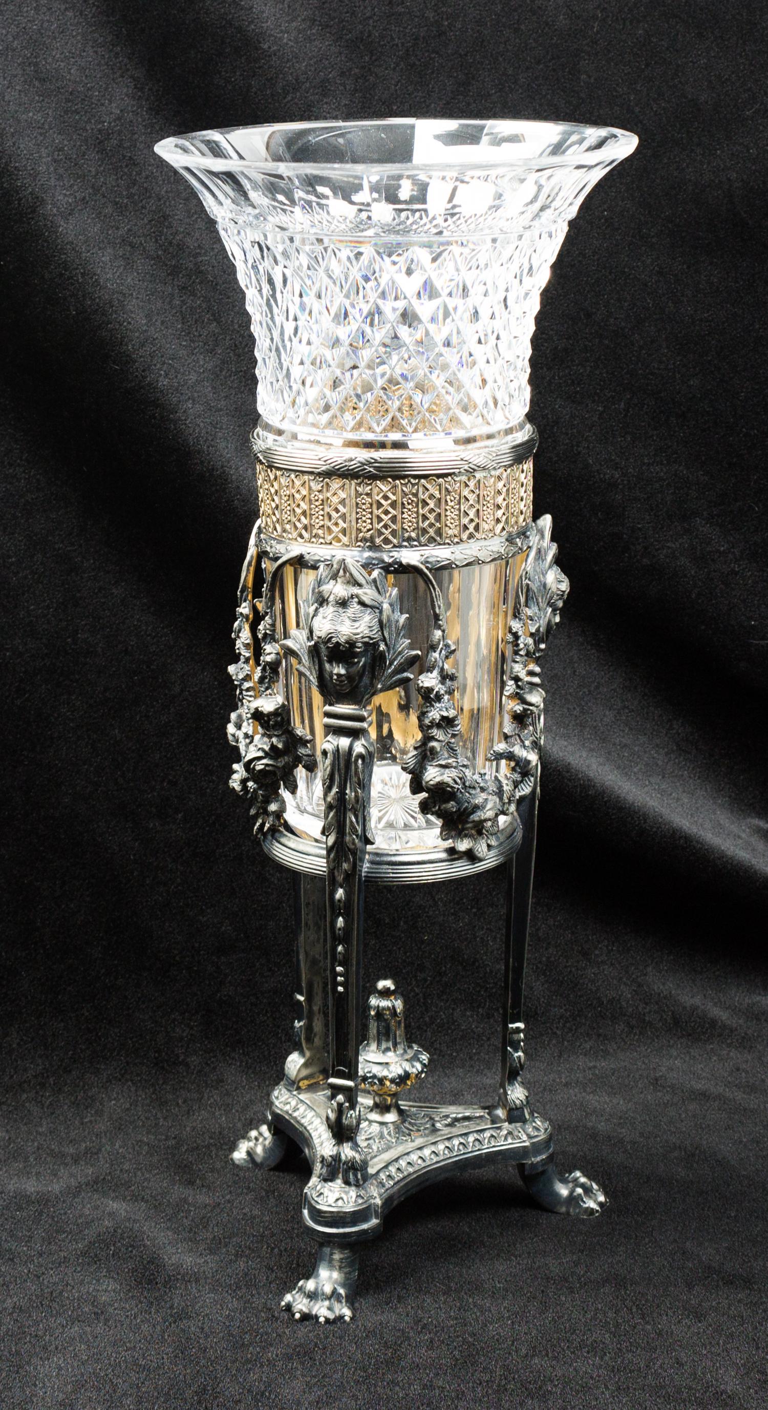 A Pairpoint Silver-Plate and Cut Glass Vase Height 16 inches.