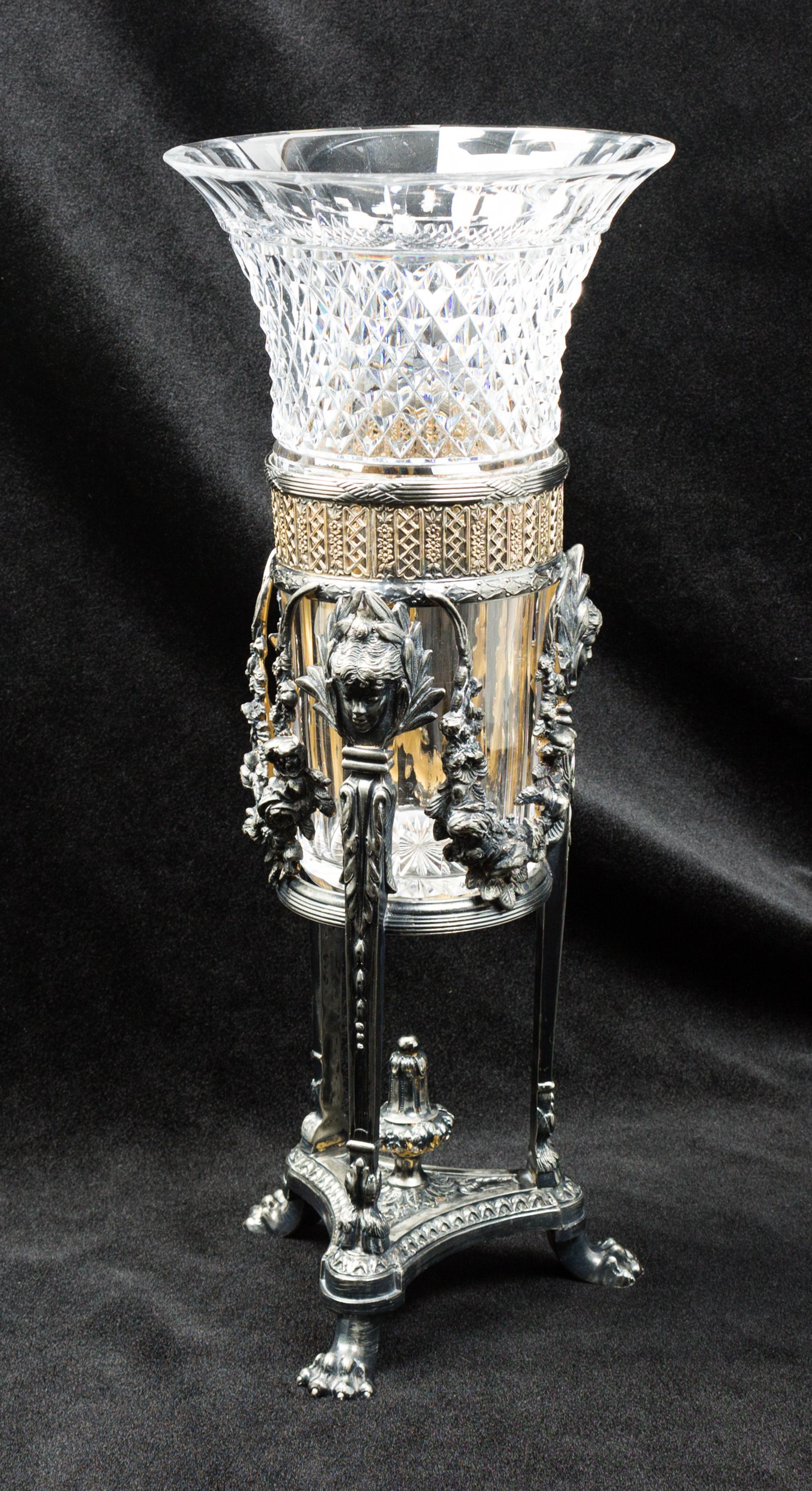 A Pairpoint Silver-Plate and Cut Glass Vase Height 16 inches.
