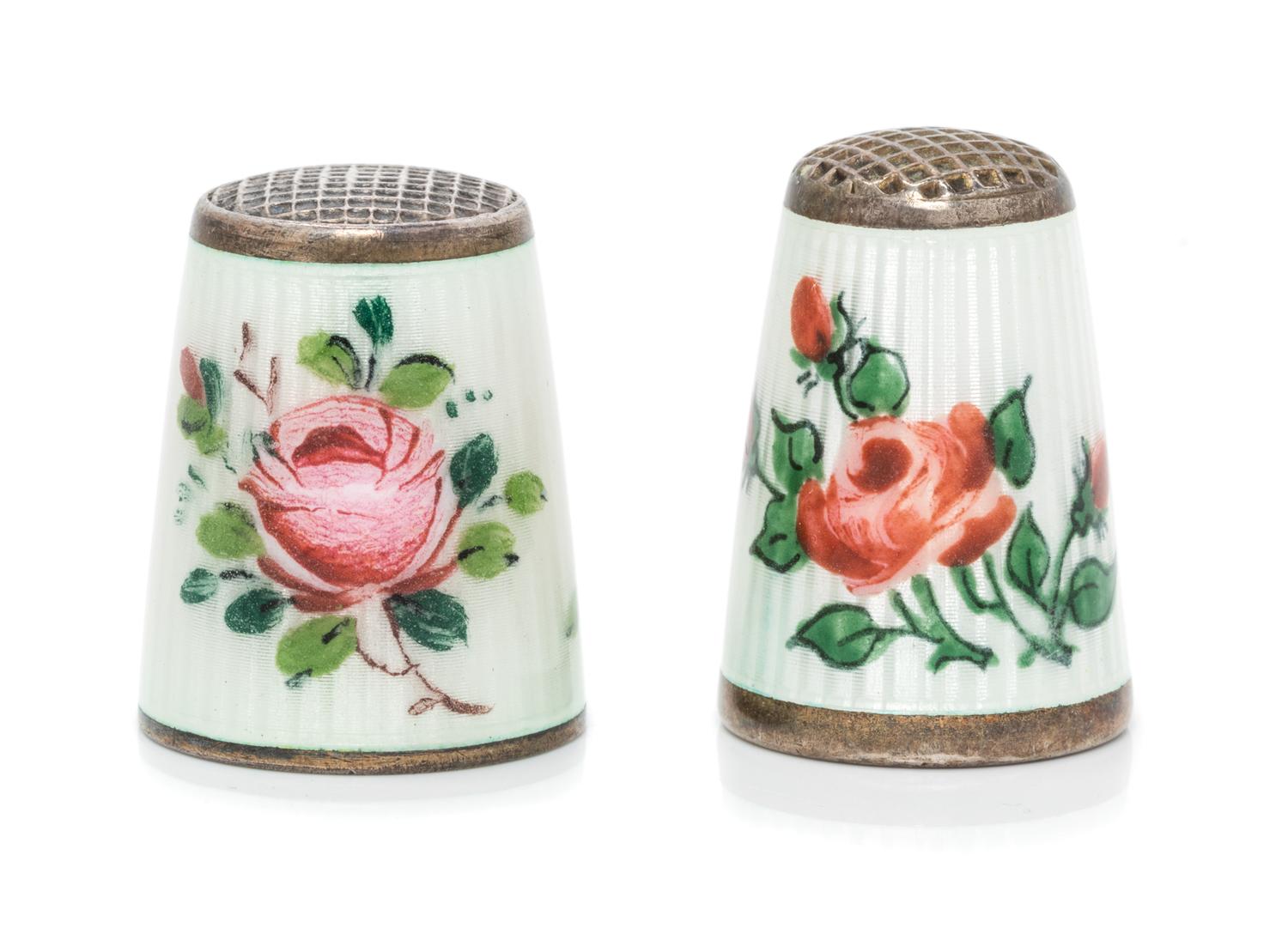 Two Norwegian Silver and Guilloche Enamel Thimbles, David Andersen, Oslo, 20th Century, each having a lozenge form knurled top above a
