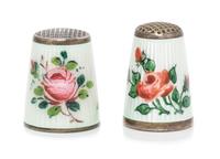Two Norwegian Silver and Guilloche Enamel Thimbles, David Andersen, Oslo, 20th Century, each having a lozenge form knurled top above a
