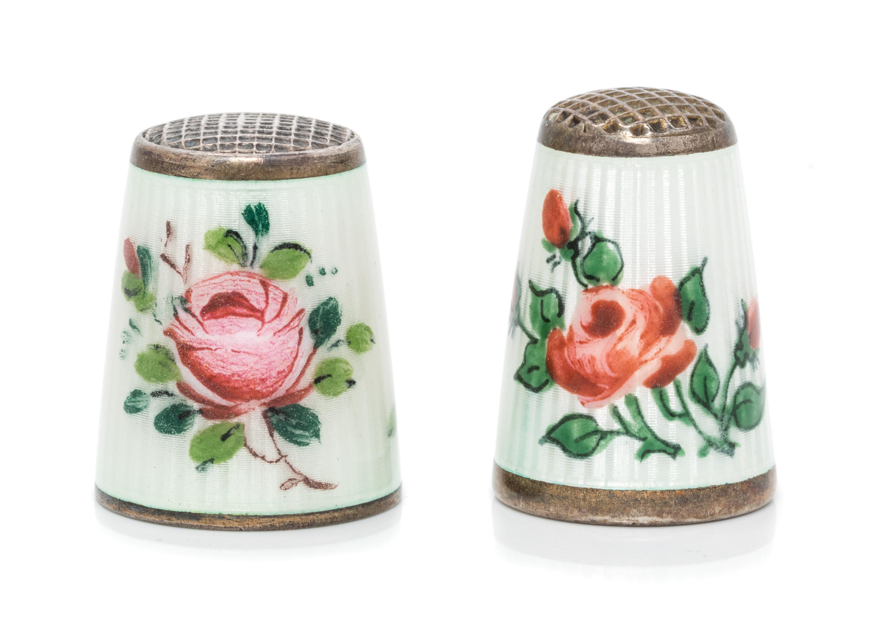 Two Norwegian Silver and Guilloche Enamel Thimbles, David Andersen, Oslo, 20th Century, each having a lozenge form knurled top above a