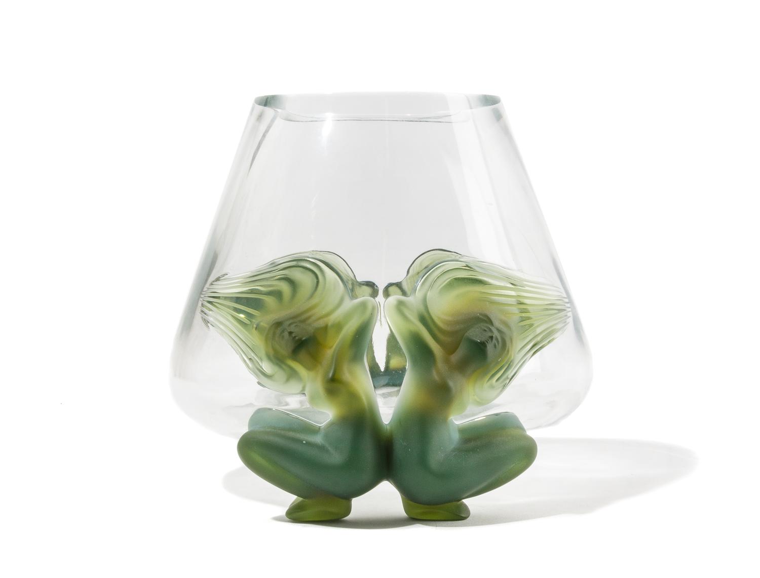 A Lalique Frosted Glass Martinique Vase. Height 13 3/4 inches.