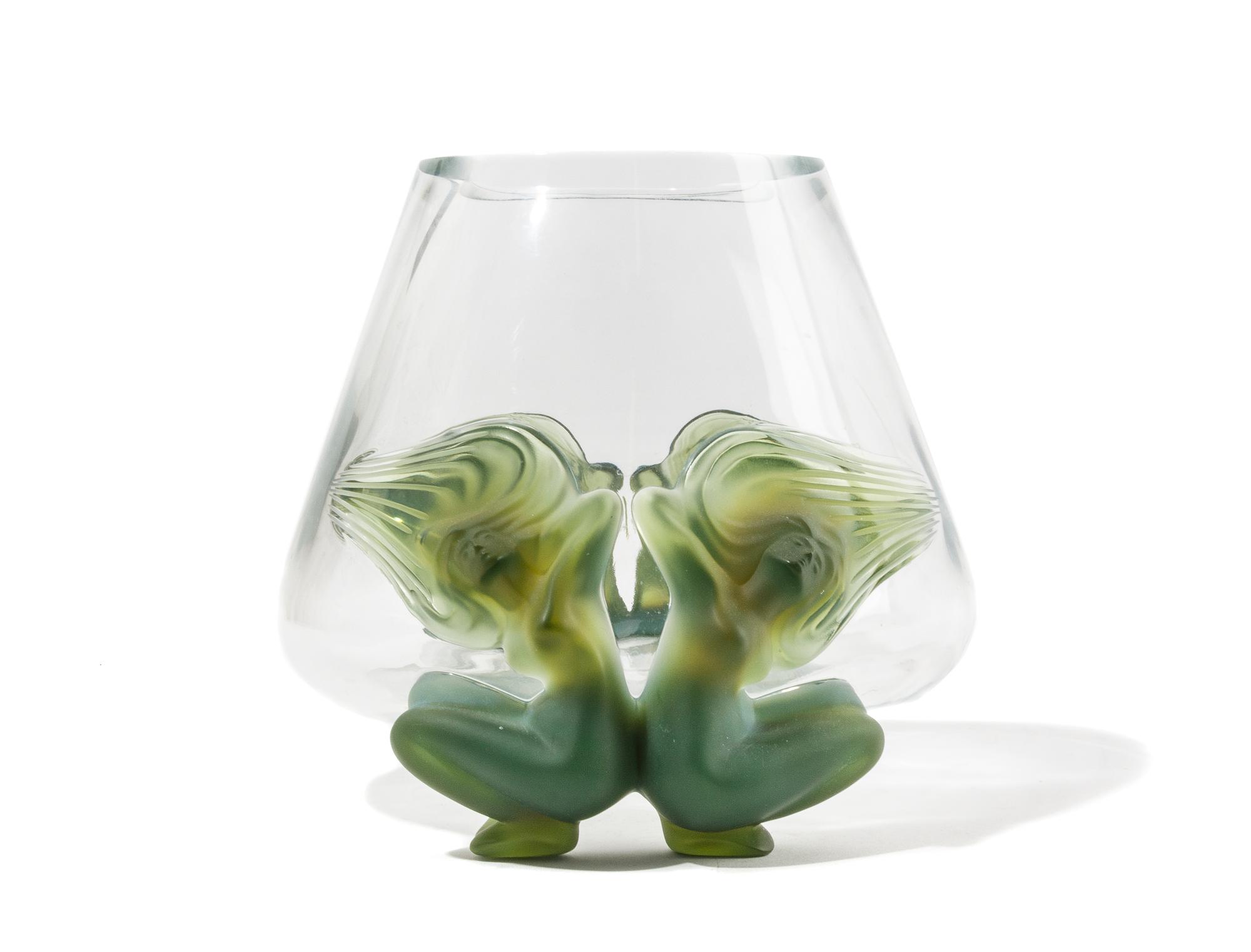 A Lalique Frosted Glass Martinique Vase. Height 13 3/4 inches.