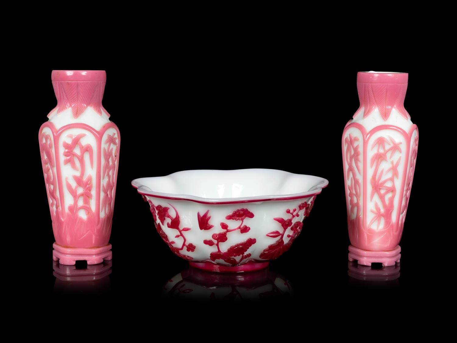 Three Chinese Opaque White Pink Overlay Glass Articles