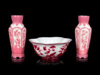 Three Chinese Opaque White Pink Overlay Glass Articles