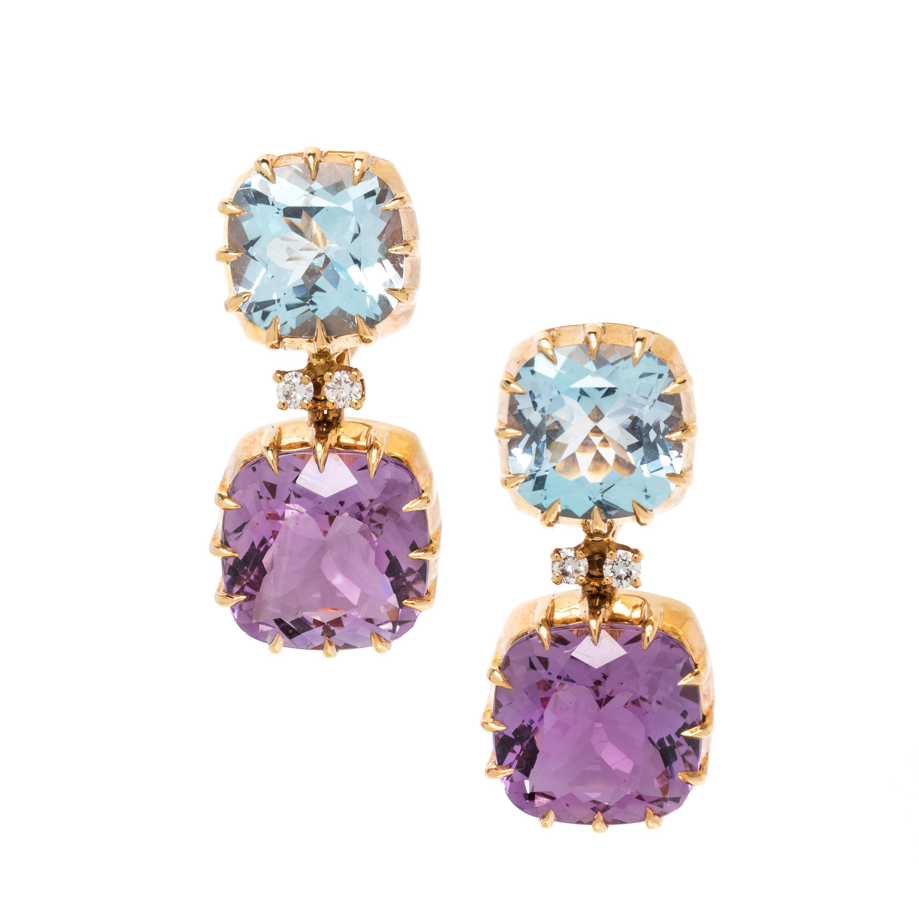 SEAMAN SCHEPPS, BLUE TOPAZ, AMETHYST AND DIAMOND EARCLIPS