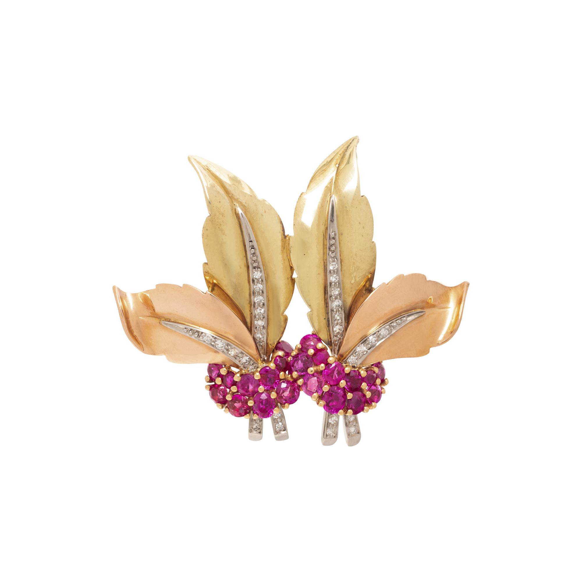 TRICOLOR GOLD, RUBY, AND DIAMOND BROOCH