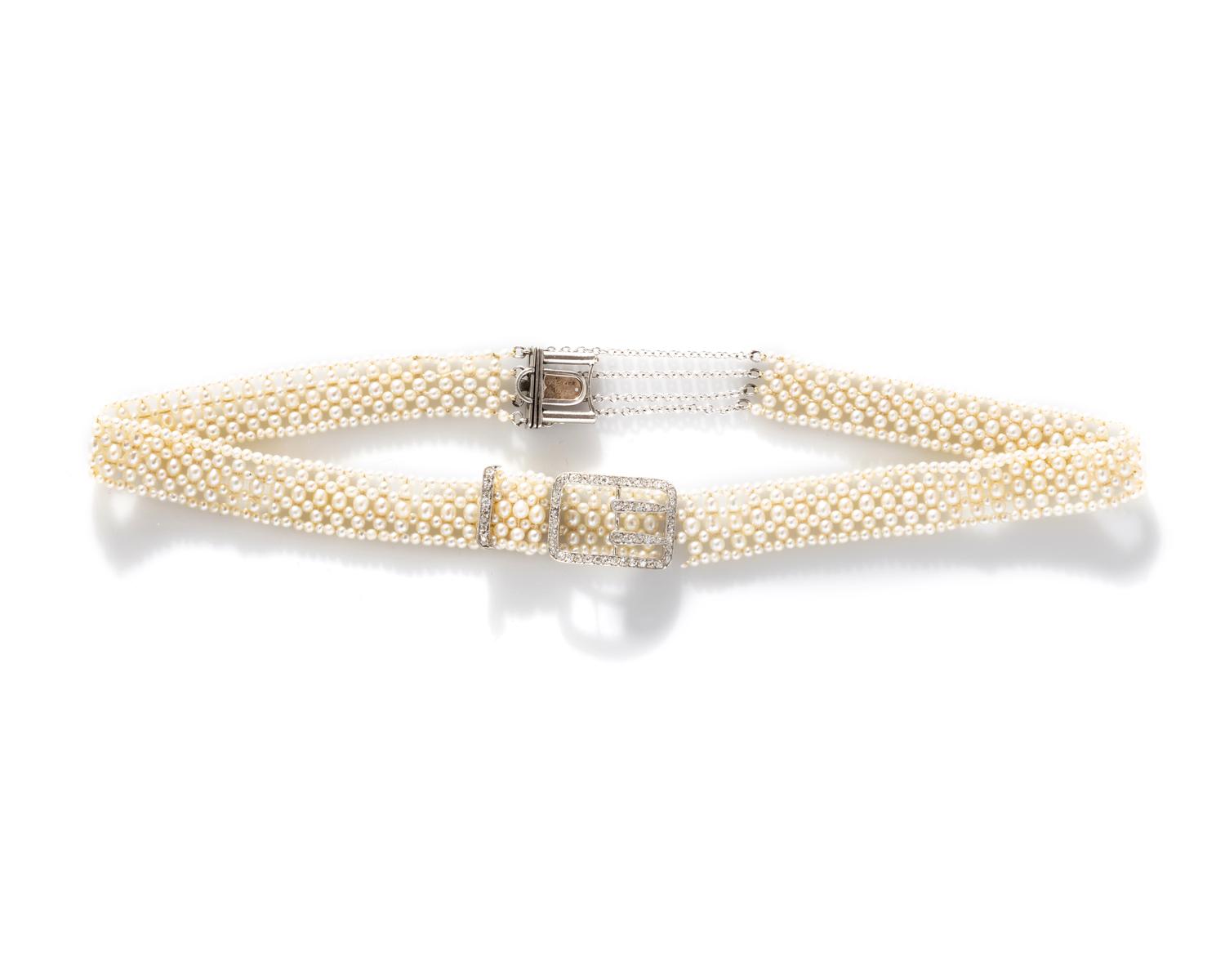 CARTIER, EDWARDIAN, SEED PEARL AND DIAMOND CHOKER NECKLACE