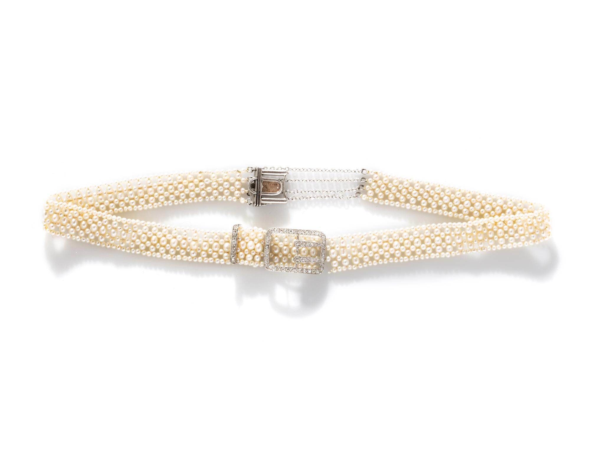 CARTIER, EDWARDIAN, SEED PEARL AND DIAMOND CHOKER NECKLACE