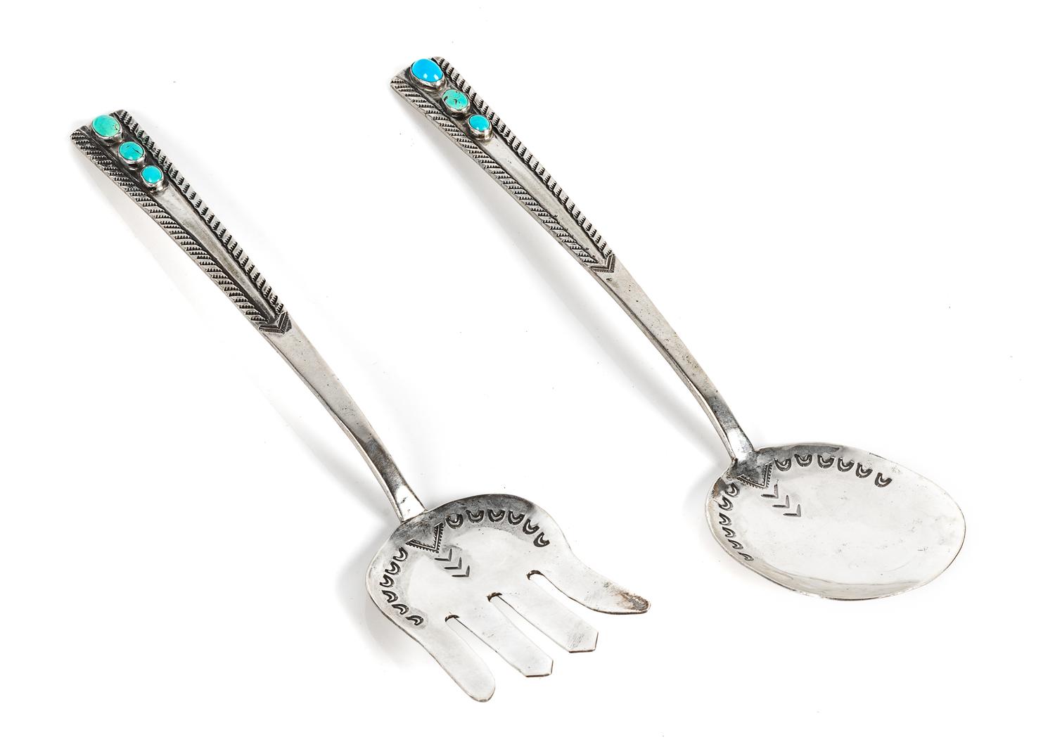 Pair of Navajo Silver and Turquoise Serving Utensils