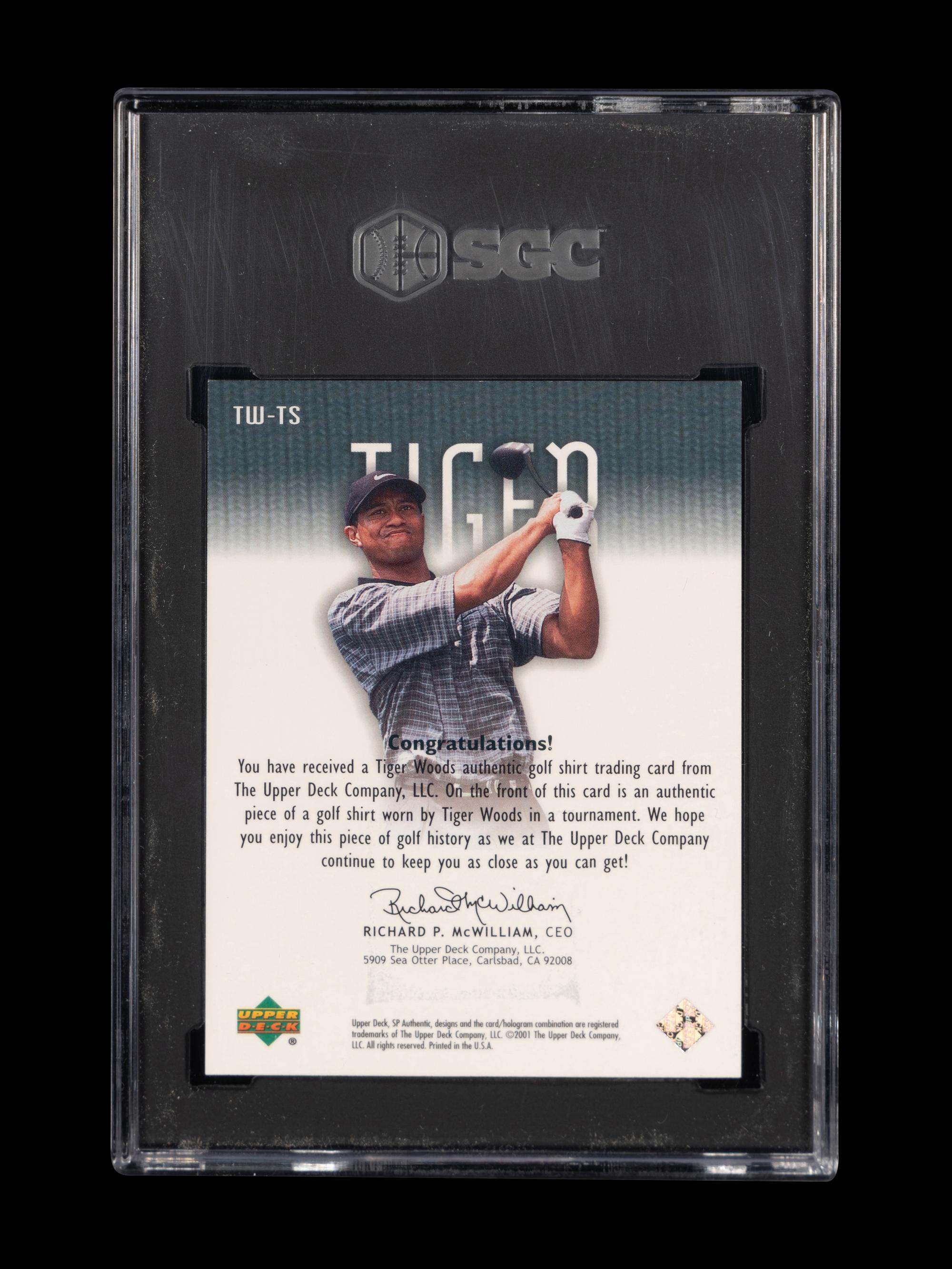 A 2001 Upper Deck SP Authentic Tiger Woods Tour Swatch TW-TS Rookie Golf Card (SGC 8.5 NM-MT+)