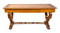 A Biedermeier Birch and Burlwood Writing Table Height 29 3/4 x width 66 x depth 29 1/2 inches. — 19TH CENTURY