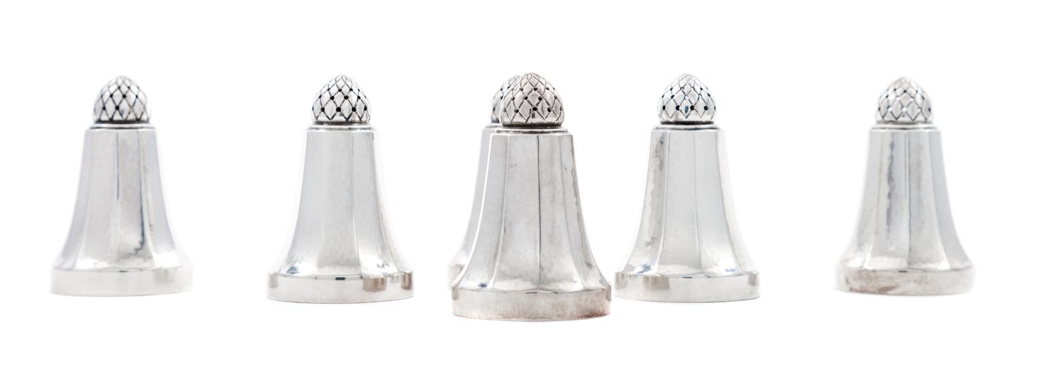 A Set of Six Danish Silver Shakers, Georg Jensen Silversmithy, Copenhagen, Second Half 20th Century, Acorn pattern.